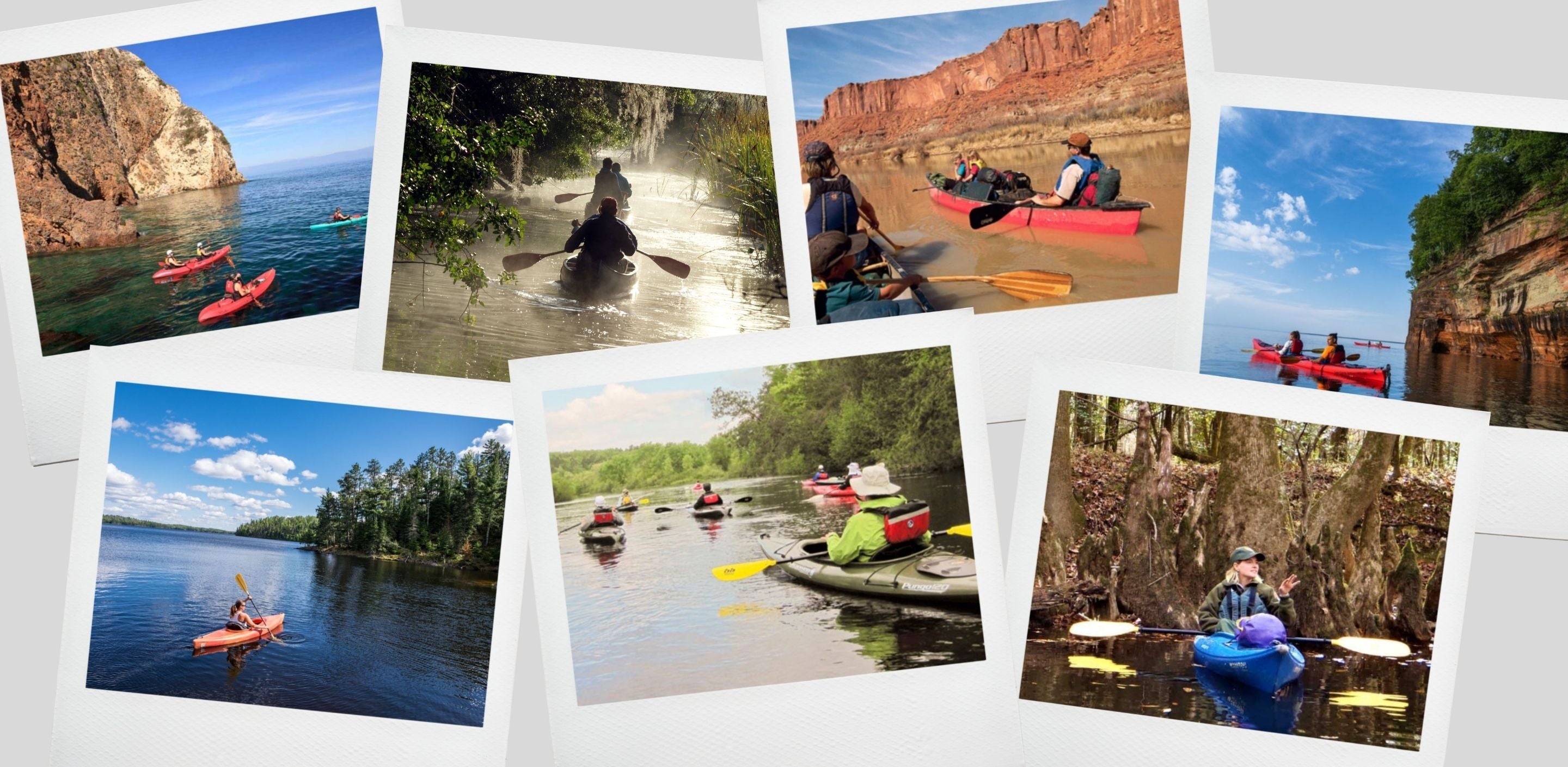 Collage of photos of people paddling in various national parks