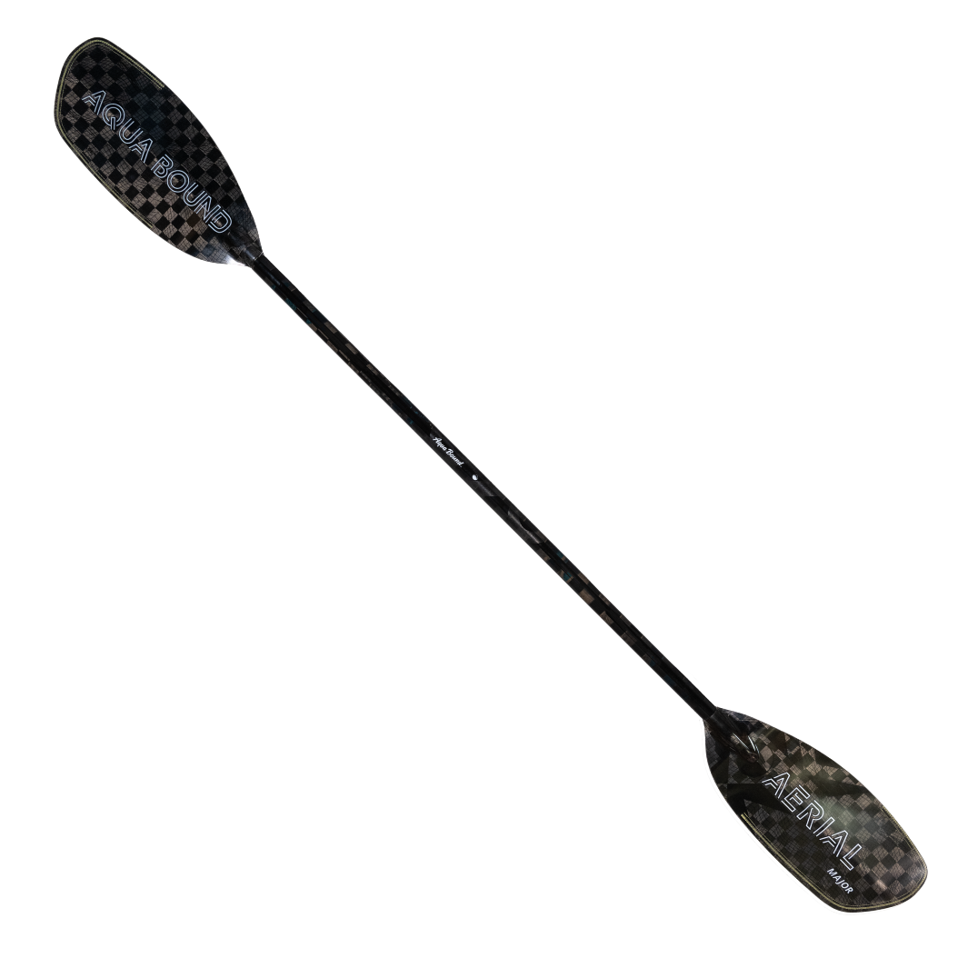 Full Front Profile Of The New Whitewater Aqua Bound Aerial Major Carbon Fiber kayak paddle  With patent pending Lam-Lok Technology In A 1-Piece Straight Shaft 