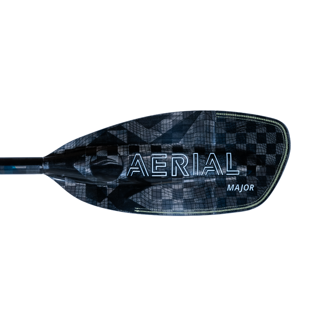 New Aqua bound whitewater kayak paddle, White Aerial Major graphic on backside of left carbon fiber blade, topographic image, with patent pending lam-lok technology 