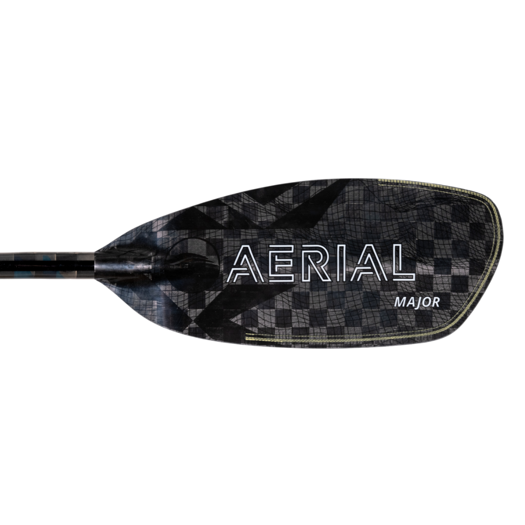 White Aerial Major graphic on right front blade of aerial major carbon fiber aqua bound whitewater kayak paddle, topographic image, with patent pending Lam-Lok technology  