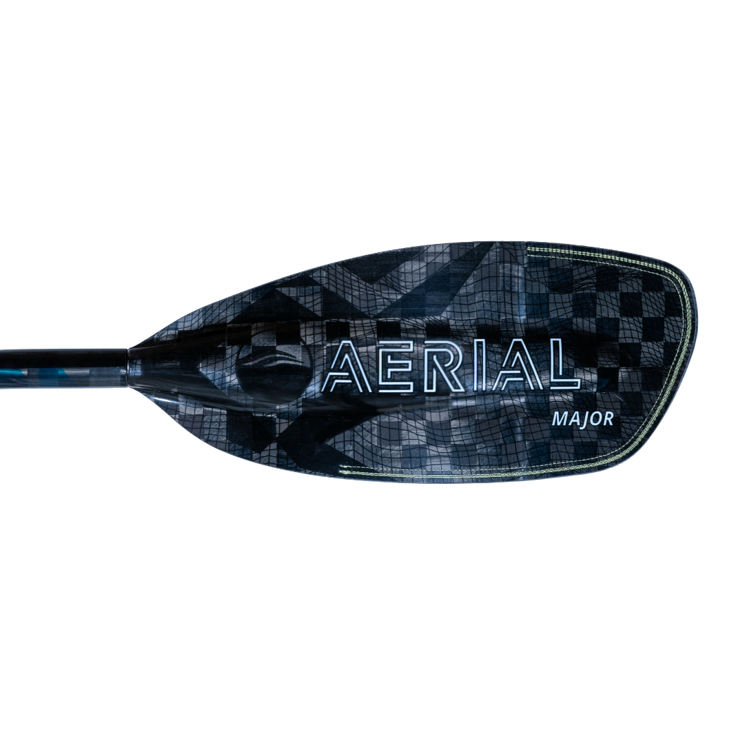 New Aqua bound whitewater kayak paddle, White Aerial Major graphic on backside of left carbon fiber blade, topographic image, with patent pending lam-lok technology 