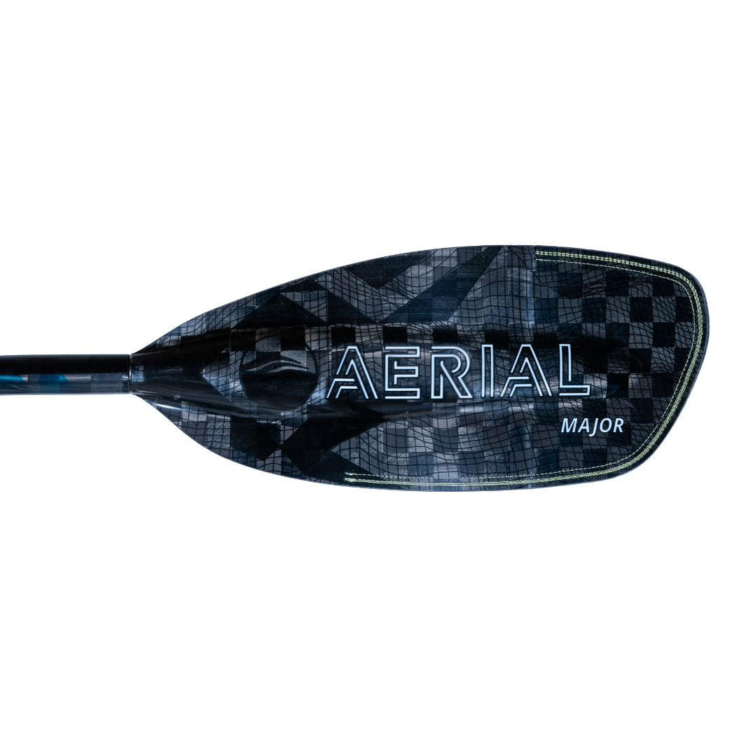New Aqua bound whitewater kayak paddle, White Aerial Major graphic on backside of left carbon fiber blade, topographic image, with patent pending lam-lok technology