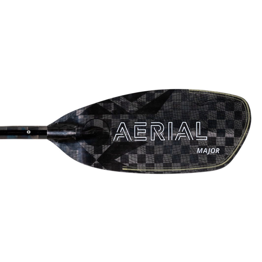 White Aerial Major graphic on right front blade of aerial major carbon fiber aqua bound whitewater kayak paddle, topographic image, with patent pending Lam-Lok technology. Four-piece breakdown stainless steel snap-buttons at blades  