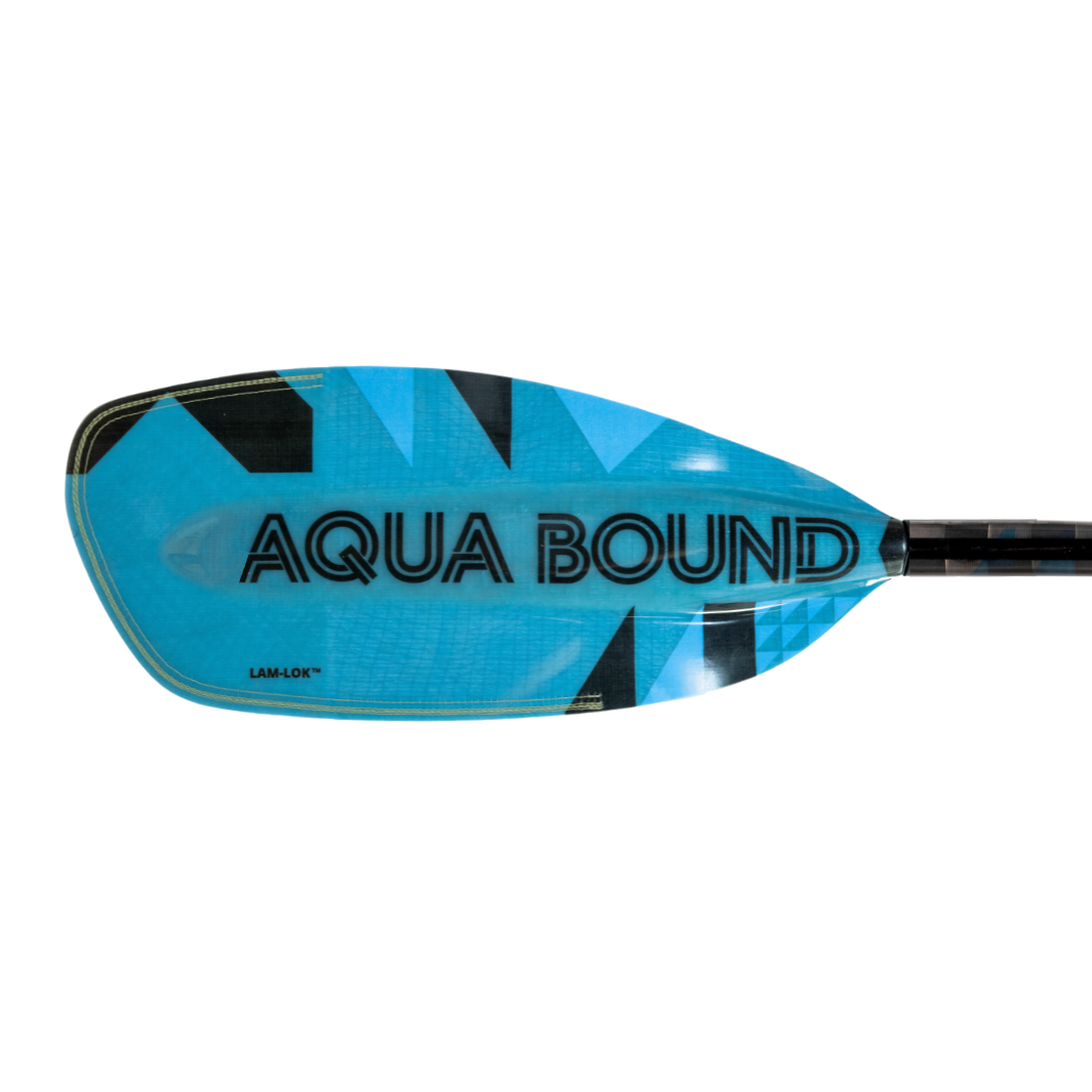 New Aqua bound whitewater kayak paddle, Black Aqua Bound graphic on backside of right fiberglass blade, light Blue, bauhaus blade color, with patent pending lam-lok technology