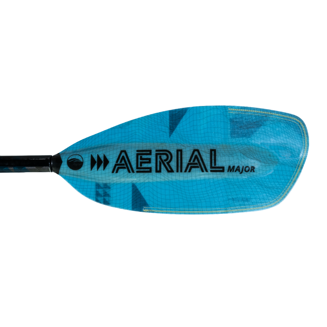 New Aqua bound whitewater kayak paddle, Black Aerial Major graphic on backside of left fiberglass blade, light Blue, bauhaus blade, Aqua bound whitewater kayak paddle with patent pending lam-lok technology 