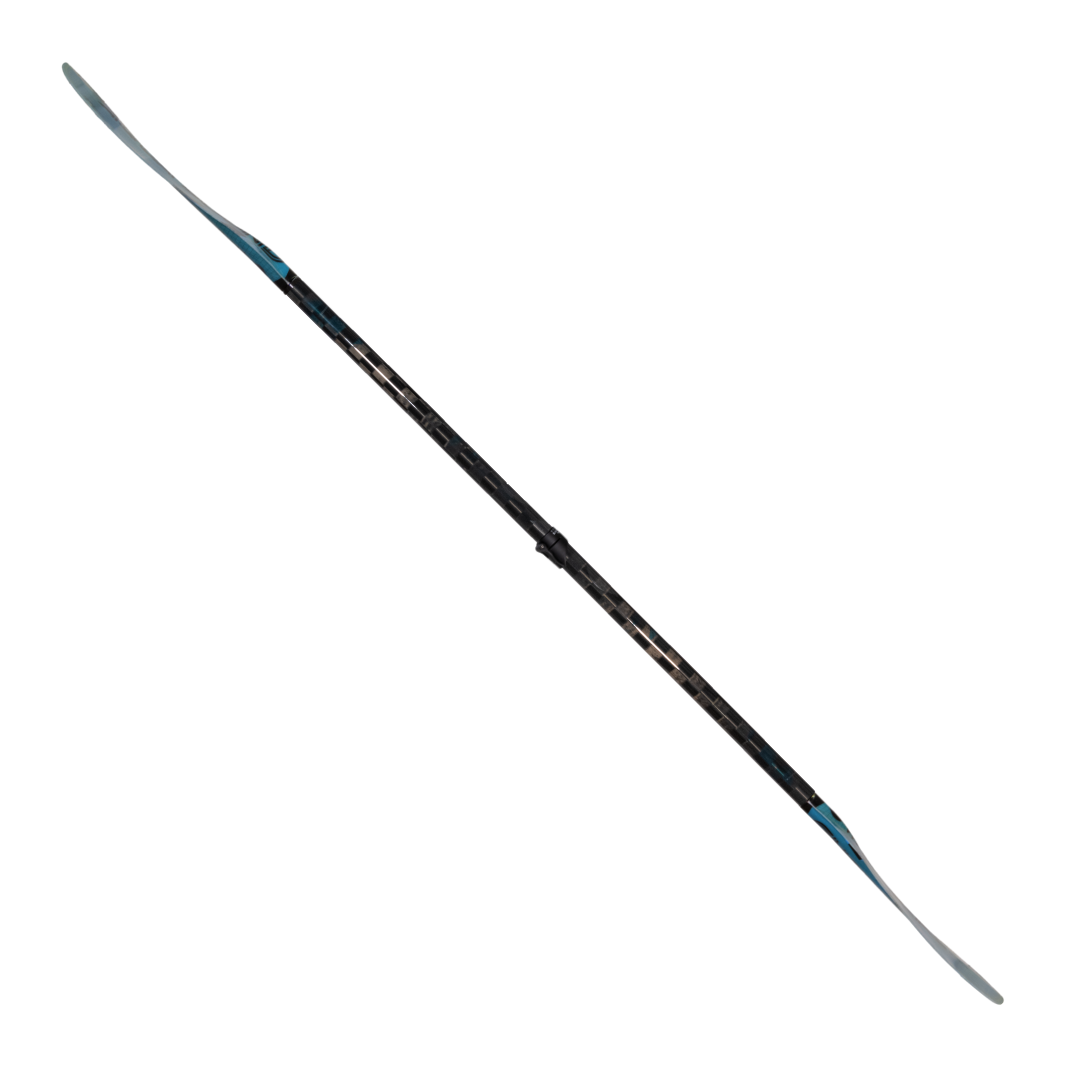 Full Paddle side profile Of The New Whitewater Aqua Bound Aerial Major fiberglass kayak paddle In A 2-Piece straight Shaft  With reinforced Versa-Lok™ at center connection allows 5 cm of adjustable length and infinite offset feathering angles.