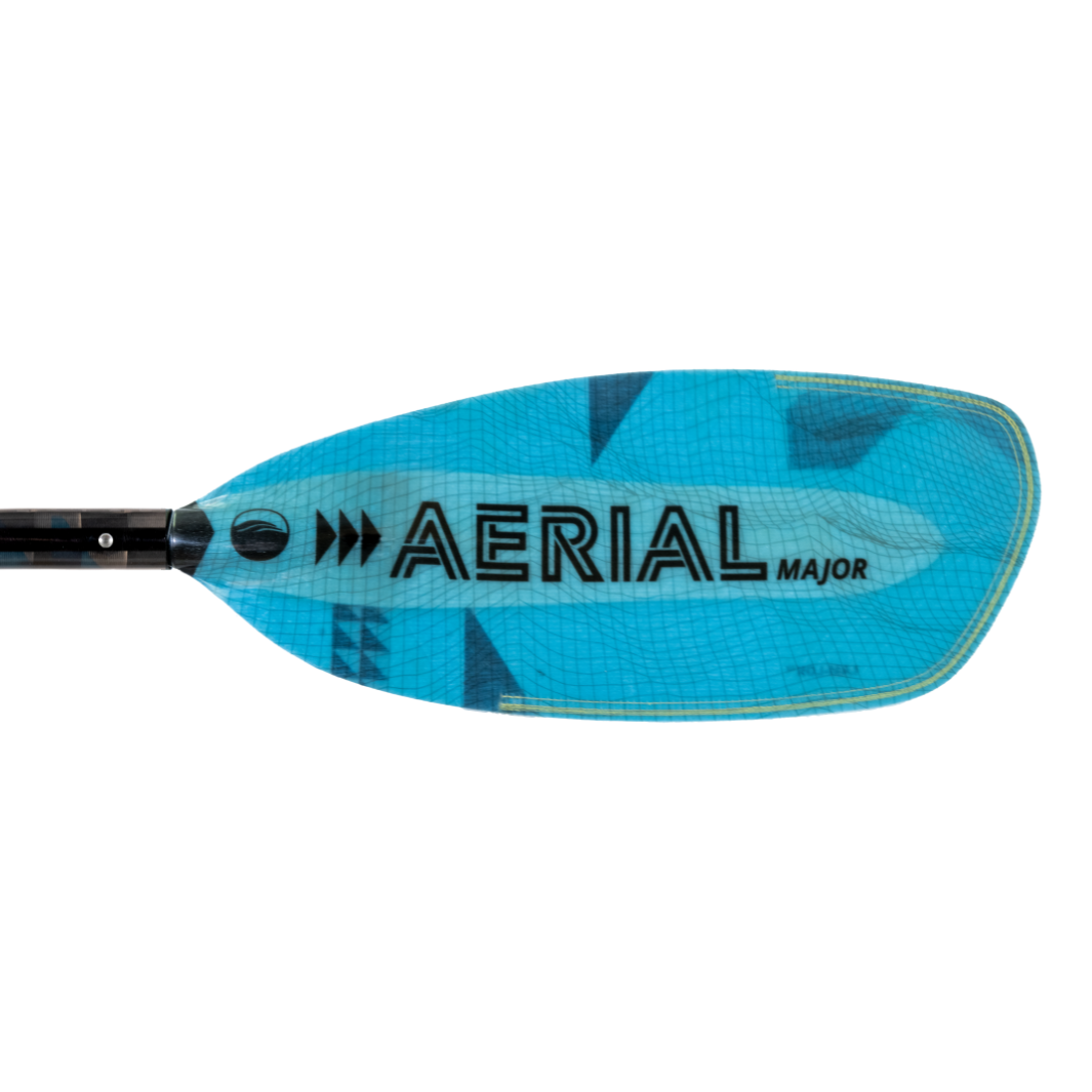 Black Aerial Major Graphic on right front blade of aqua bound aerial major fiberglass  kayak paddle with light Blue, bauhaus blade color, with patent pending Lam-Lok technology. Four-piece breakdown stainless steel snap-buttons at blades