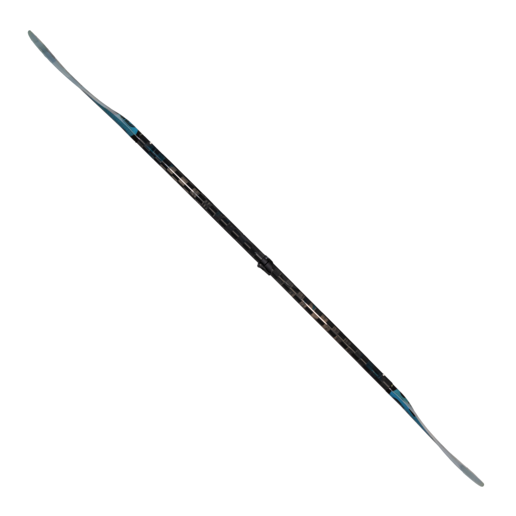 Full Paddle side profile Of The New Whitewater Aqua Bound Aerial Major fiberglass kayak paddle In A 4-Piece straight Shaft. Four-piece breakdown with Versa-Lok™ ferrule at center connection and stainless steel snap-buttons at blades