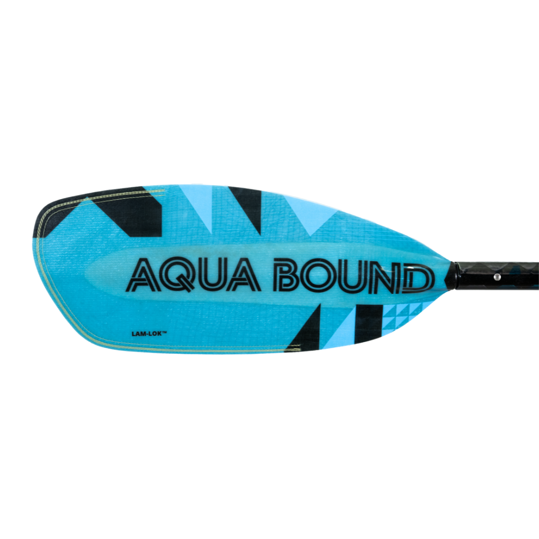Black Aqua Bound Graphic On Left Front Blade Of Aerial Major Blue Fiberglass whitewater kayak paddle with light Blue, bauhaus blade color, With patent pending Lam-Lok Technology. Four-piece breakdown stainless steel snap-buttons at blades