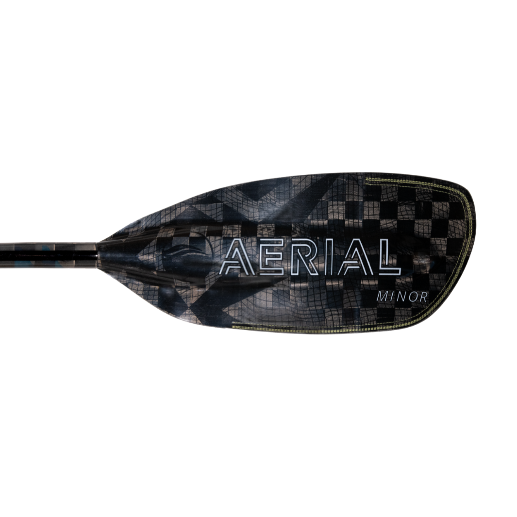 New Aqua bound whitewater kayak paddle, White Aerial Minor graphic on backside of left carbon fiber blade, topographic image, with patent pending lam-lok technology