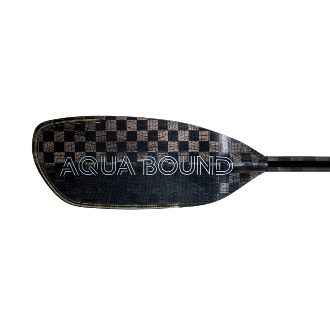 White Aqua Bound Graphic On Left Front Blade Of Aerial Minor Carbon Fiber whitewater kayak paddle, topographic image, With patent pending Lam-Lok Technology 