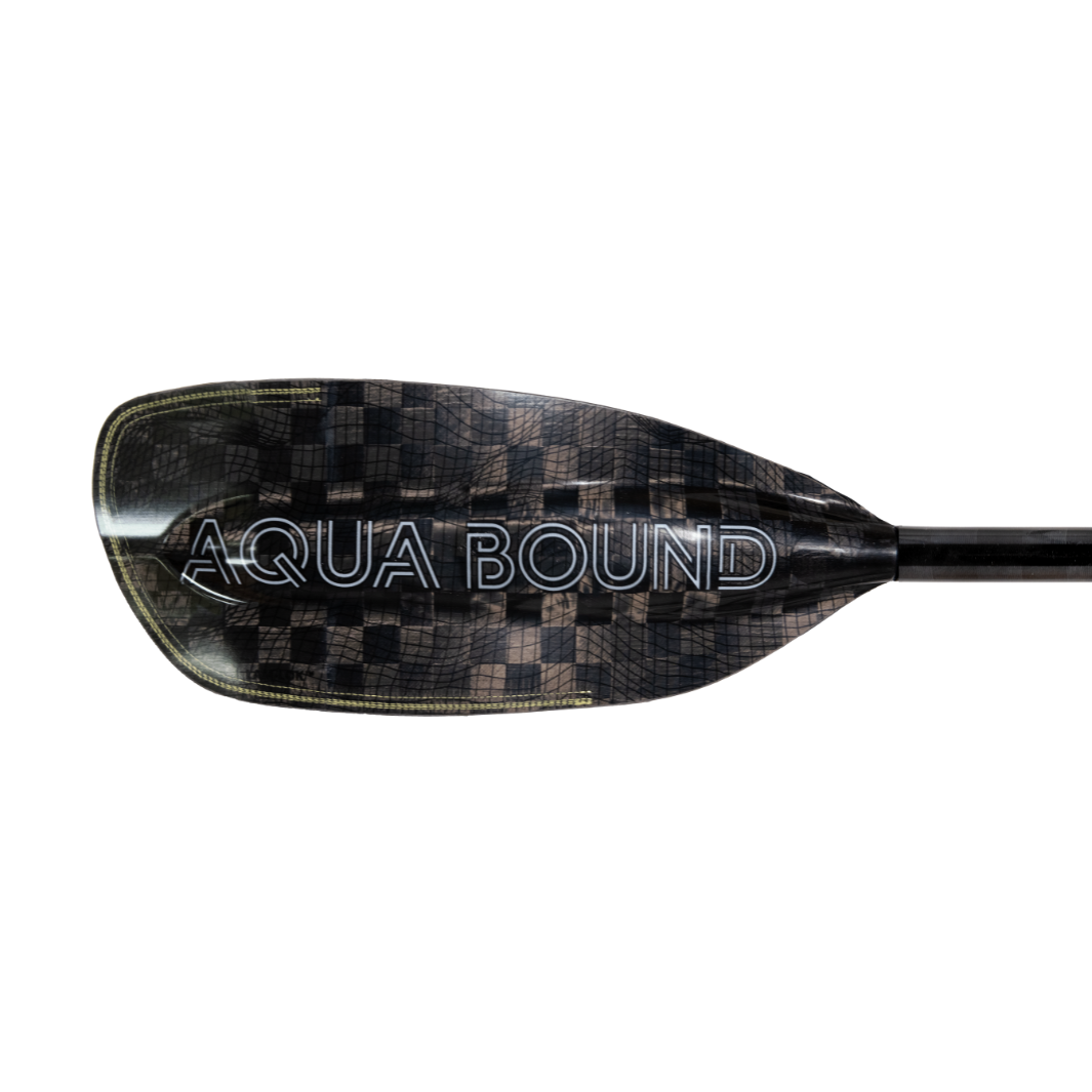 New whitewater kayak paddle, White Aqua Bound graphic on backside of right carbon fiber blade, topographic image, with patent pending lam-lok technology