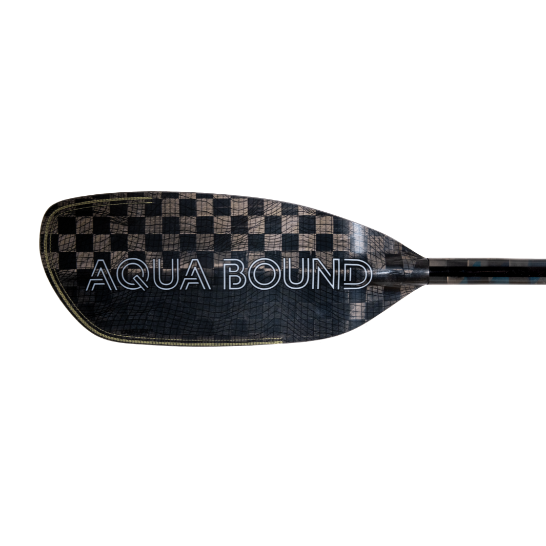 White Aqua Bound Graphic On Left Front Blade Of Aerial Minor Carbon Fiber whitewater kayak paddle, topographic image, With patent pending Lam-Lok Technology