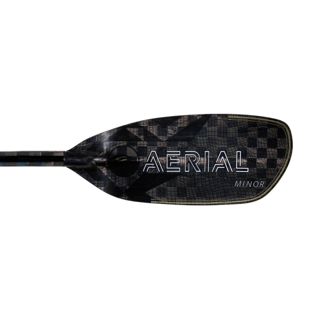 White Aerial Minor graphic on right front blade of aerial minor carbon fiber aqua bound whitewater kayak paddle, topographic image, with patent pending Lam-Lok technology