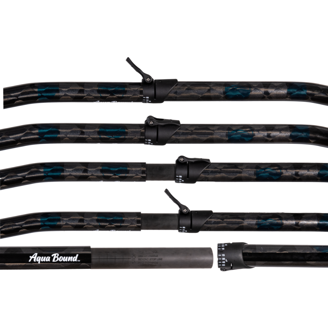 Center of Aerial Minor Carbon Fiber 2-piece straight shaft whitewater kayak paddle with black, dark blue, holographic aqua bound graphic details on shaft, white graphic right and left feather angles adjustment located on Versa-Lok. Stages of  Reinforced Versa-Lok™ connection allows 5 cm of adjustable length and infinite offset feathering angles. Secure, tight locked connection that grips onto carbon ferrule insert. Do not extend past the 5 cm stop line graphic to avoid risk of damage or failure.