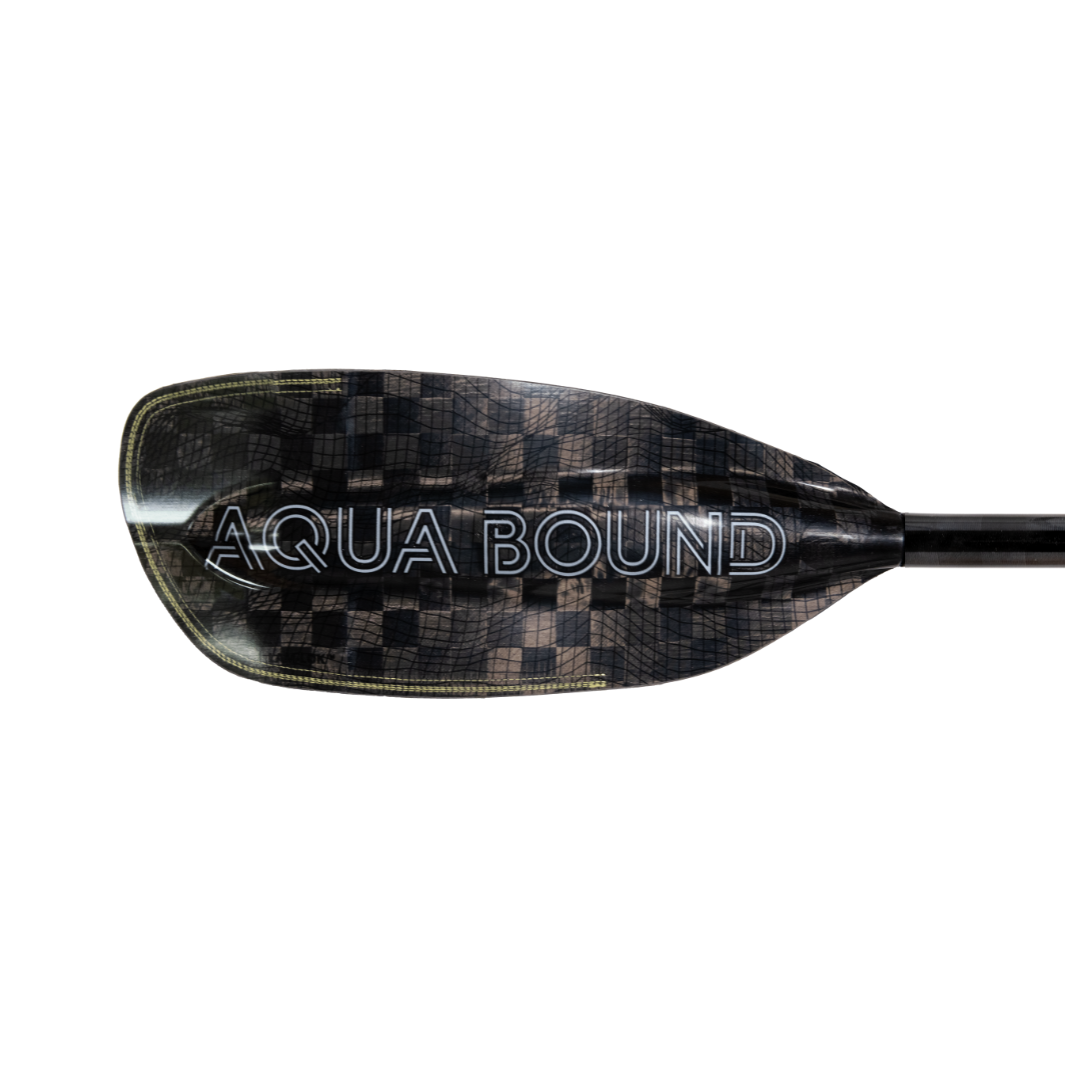 New whitewater kayak paddle, White Aqua Bound graphic on backside of right carbon fiber blade, topographic image, with patent pending lam-lok technology