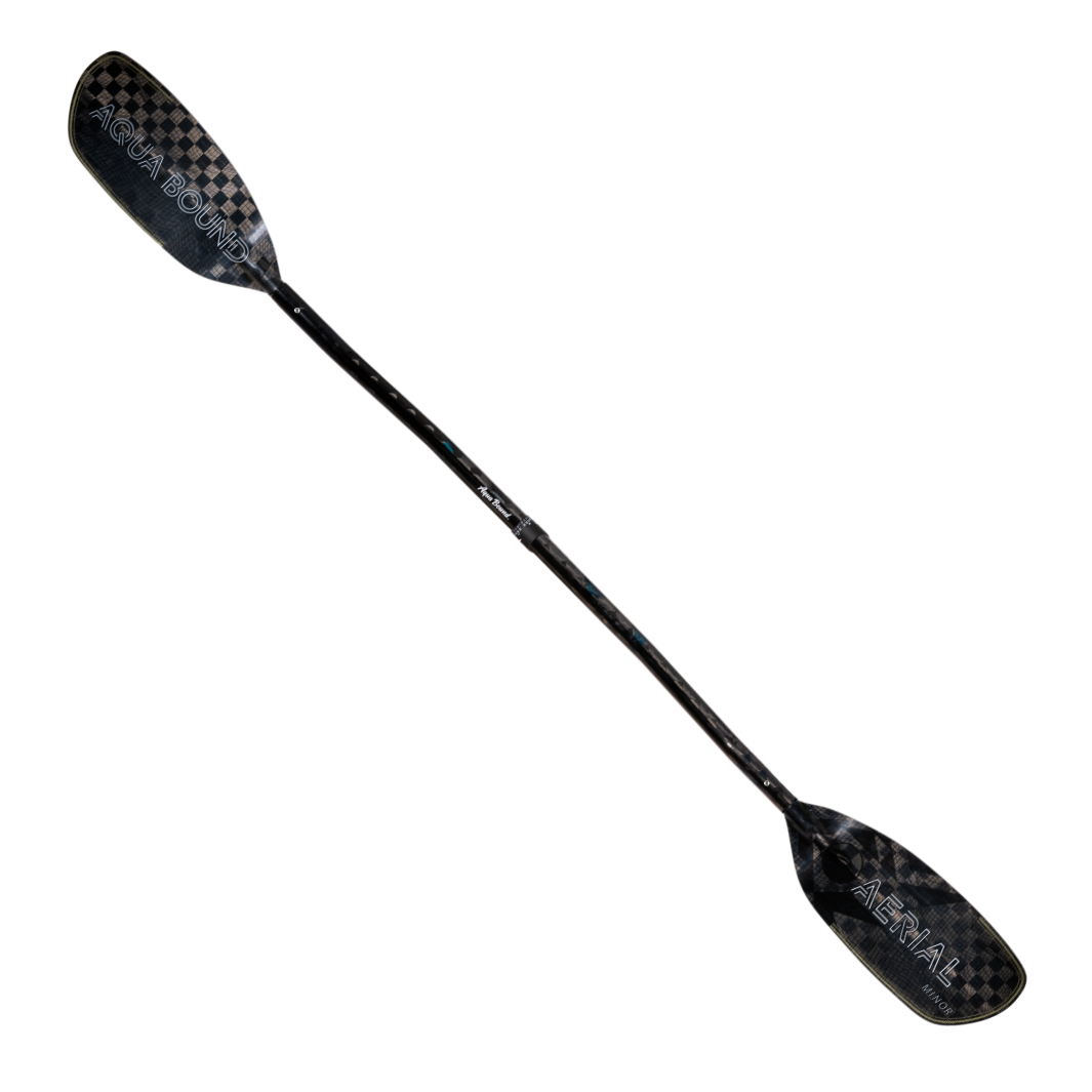 Full Front Profile Of The New Whitewater Aqua Bound Aerial Minor Carbon Fiber kayak paddle  With patent pending Lam-Lok Technology In A 4-Piece Crank Shaft Four-piece breakdown with Versa-Lok™ ferrule at center connection and stainless steel snap-buttons at blades 