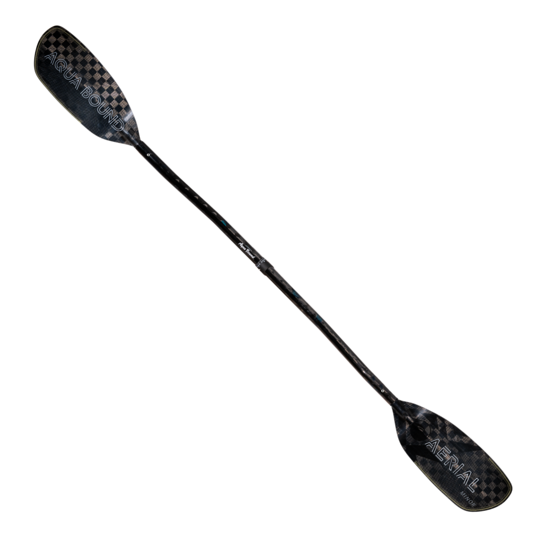 Full Front Profile Of The New Whitewater Aqua Bound Aerial Minor Carbon Fiber kayak paddle  With patent pending Lam-Lok Technology In A 4-Piece Crank Shaft Four-piece breakdown with Versa-Lok™ ferrule at center connection and stainless steel snap-buttons at blades