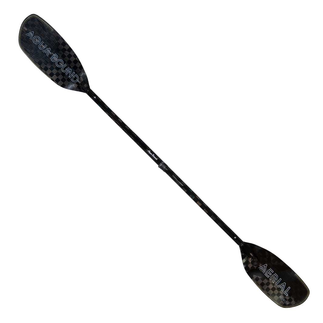 Full Front Profile Of The New Whitewater Aqua Bound Aerial Minor Carbon Fiber kayak paddle  With patent pending Lam-Lok Technology In A 4-Piece straight Shaft Four-piece breakdown with Versa-Lok™ ferrule at center connection and stainless steel snap-buttons at blades 