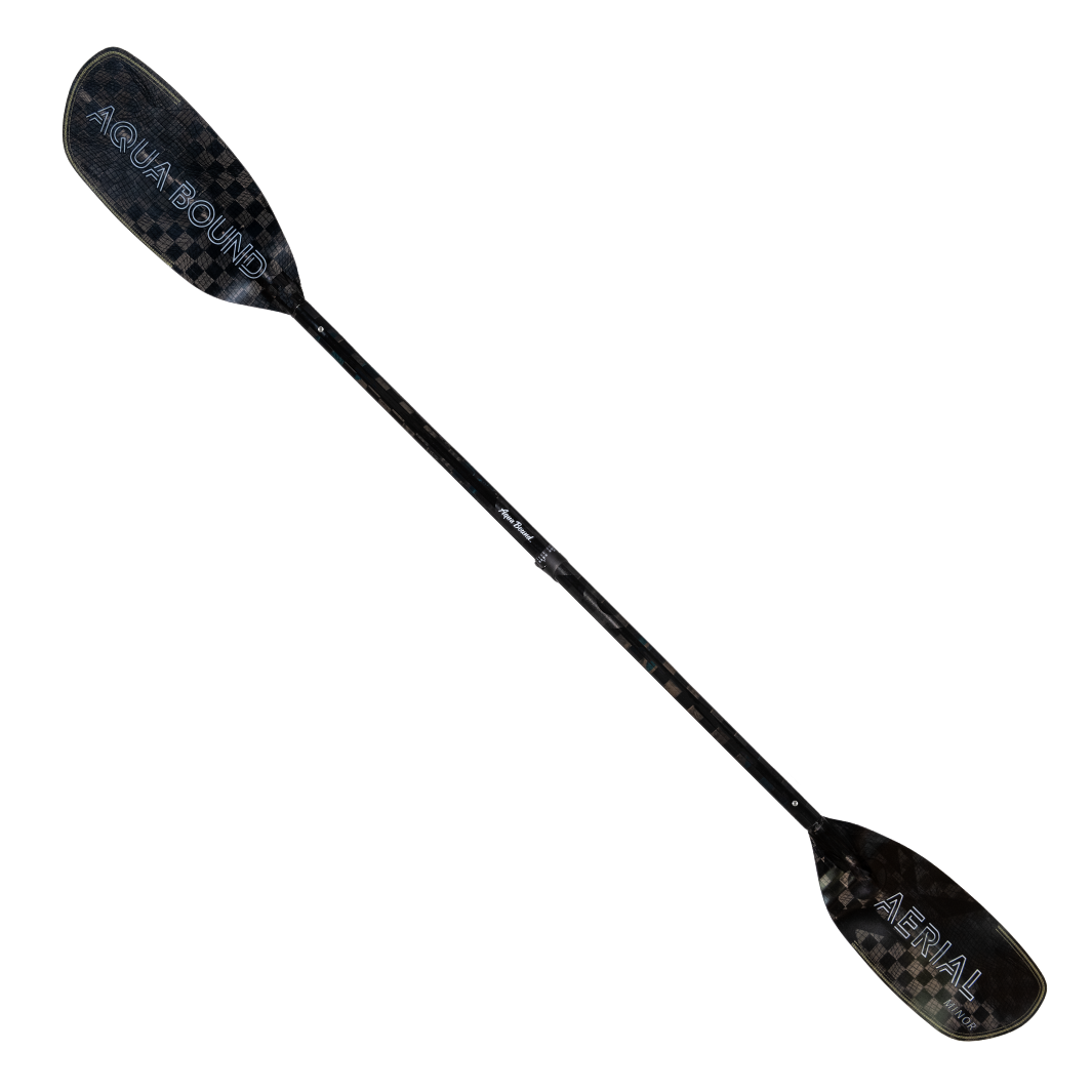 Full Front Profile Of The New Whitewater Aqua Bound Aerial Minor Carbon Fiber kayak paddle  With patent pending Lam-Lok Technology In A 4-Piece straight Shaft Four-piece breakdown with Versa-Lok™ ferrule at center connection and stainless steel snap-buttons at blades