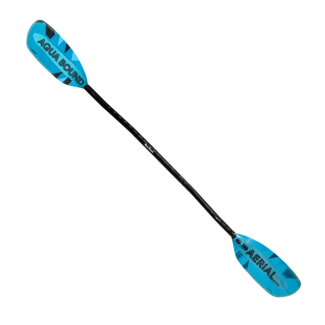Full Front Profile Of The New Whitewater Aqua Bound Aerial Minor Fiberglass kayak paddle with light Blue, bauhaus graphic, With patent pending Lam-Lok Technology In A 1-Piece Crank Shaft