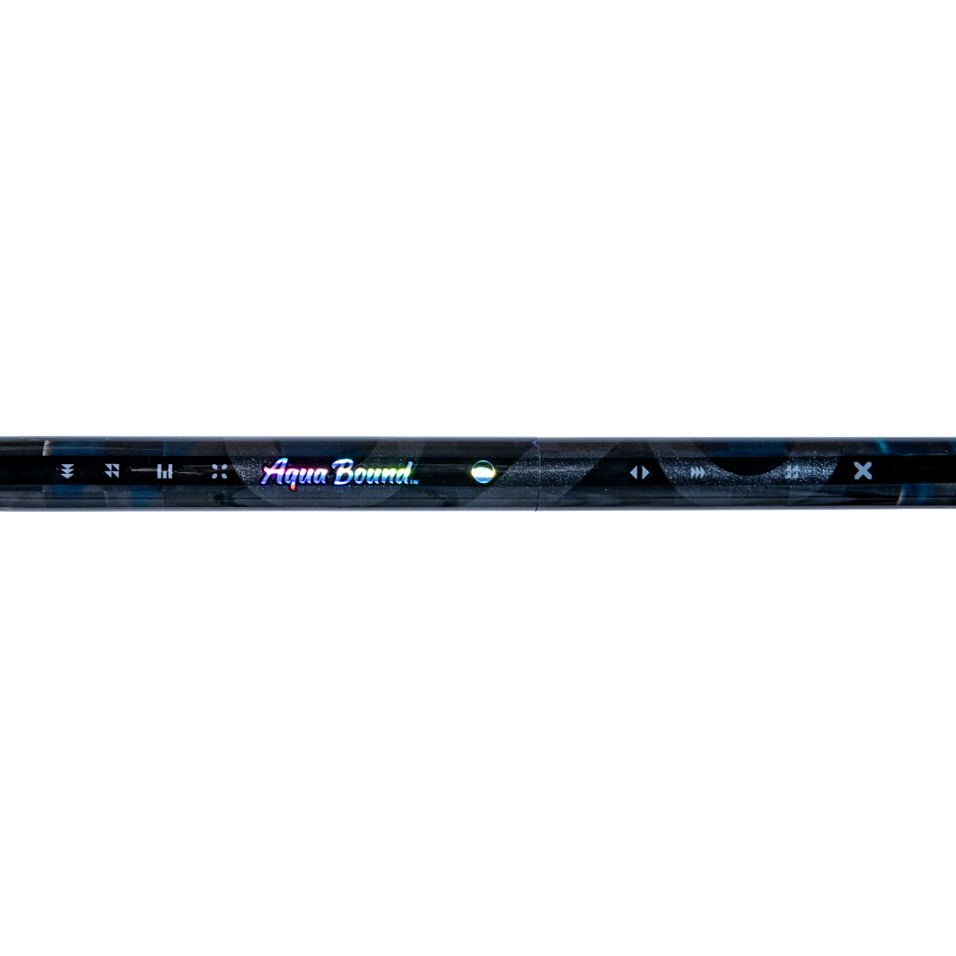 Center of  Aerial Minor Fiberglass 1-piece straight shaft whitewater kayak paddle with black, dark blue, holographic aqua bound graphic details on shaft