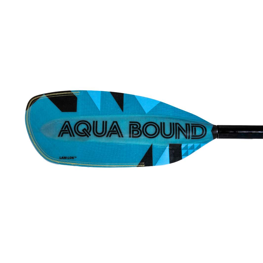 New Aqua bound whitewater kayak paddle, Black Aqua Bound graphic on backside of right fiberglass blade, light Blue, bauhaus blade color, with patent pending lam-lok technology 