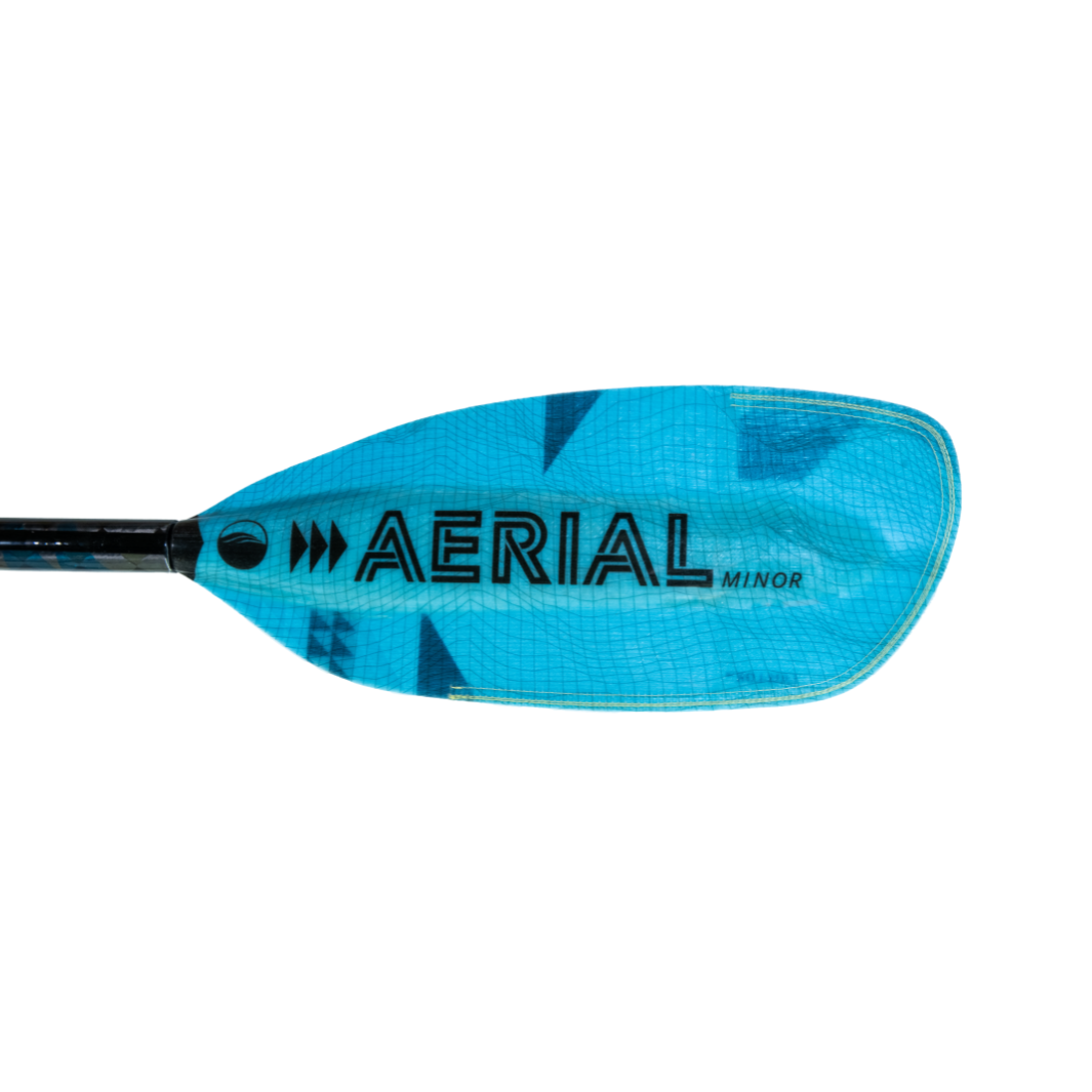 New Aqua bound whitewater kayak paddle, Black Aerial Minor graphic on backside of left fiberglass blade, light Blue, bauhaus blade, Aqua bound whitewater kayak paddle with patent pending lam-lok technology 