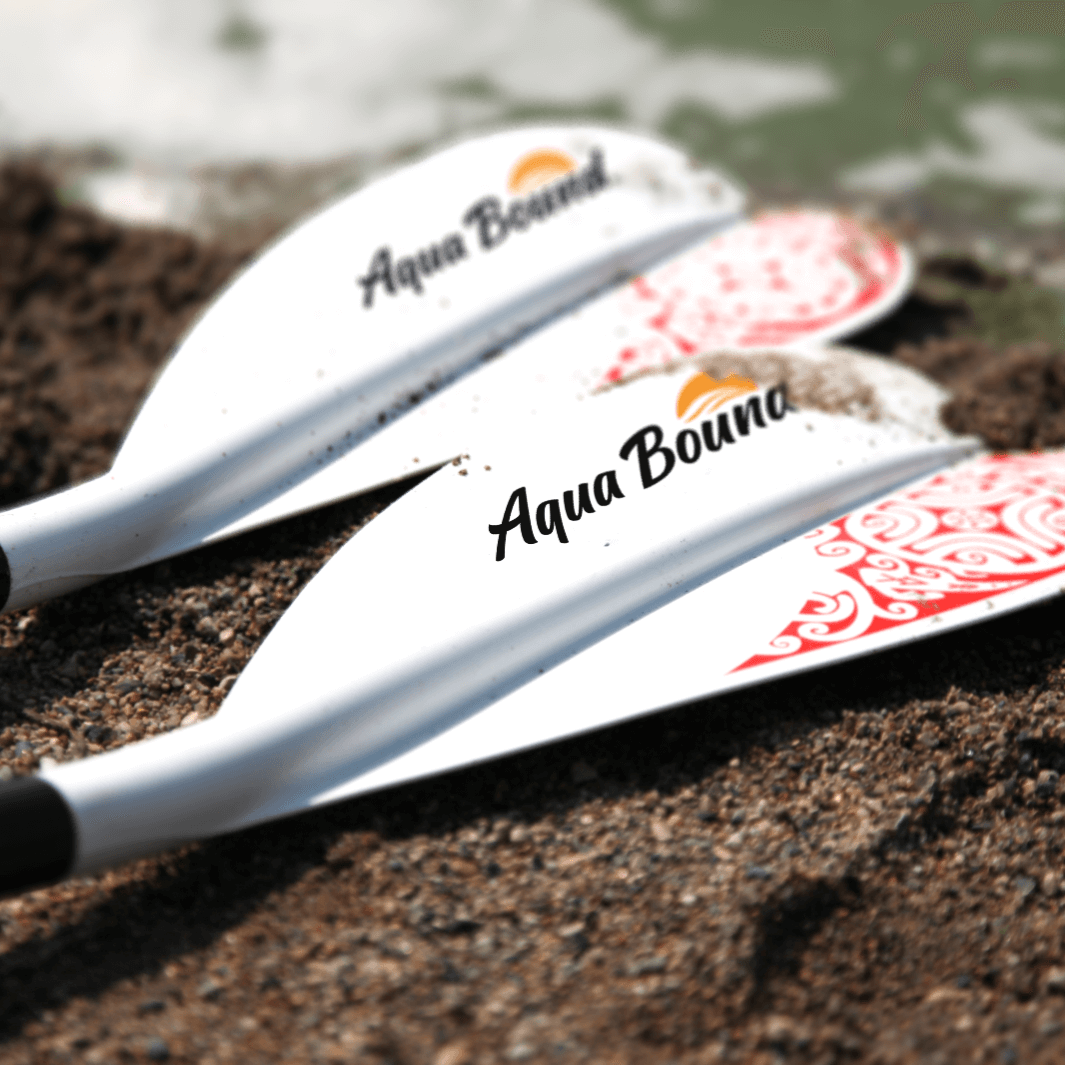 Lyric 2-piece SUP paddle laying on the sand with the tide coming in