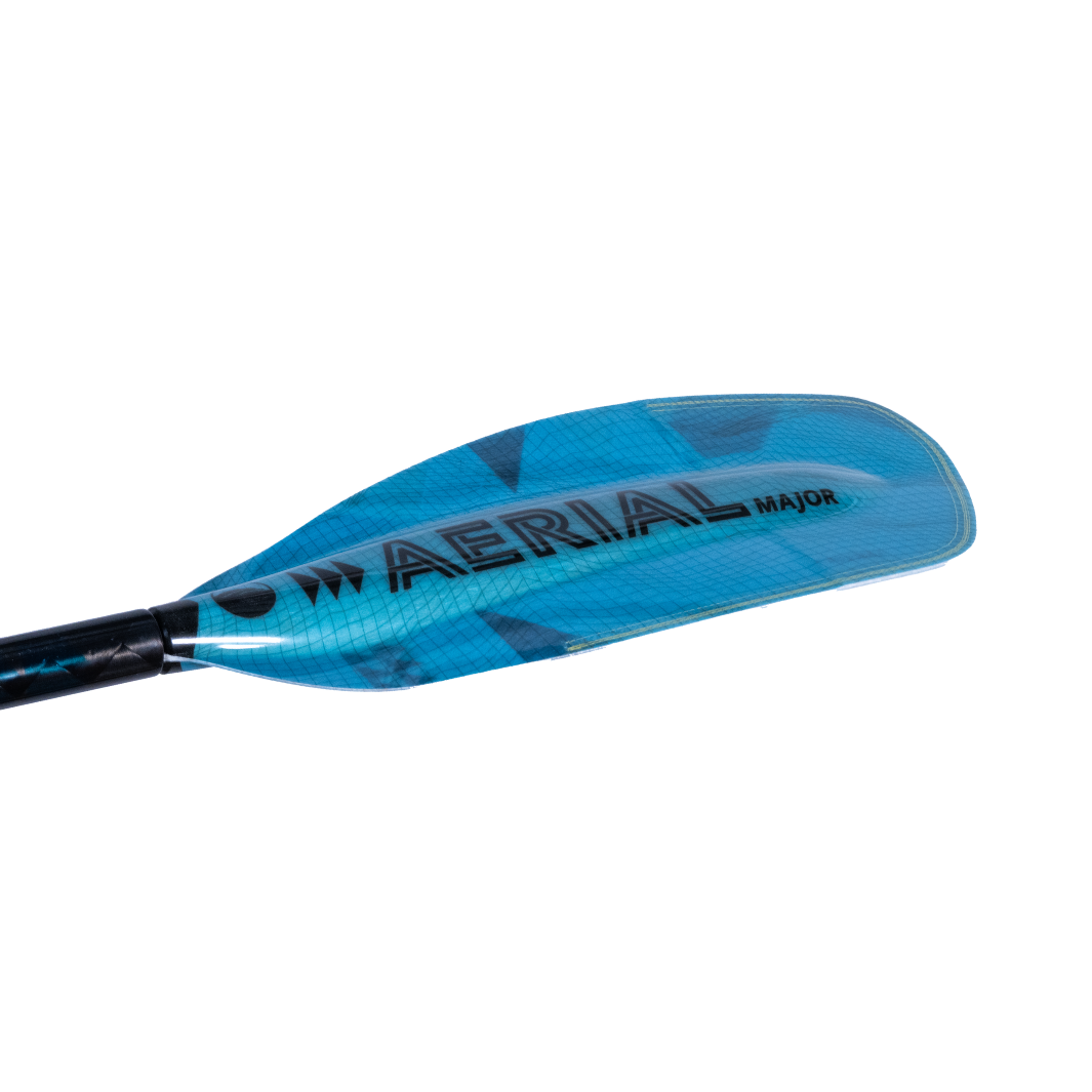 New whitewater kayak paddle, Black Aerial Major Graphic on Backside of Left light Blue, bauhaus graphic, Fiberglass Blade With Lam-Lok Technology and Wide, flattened foam core spine