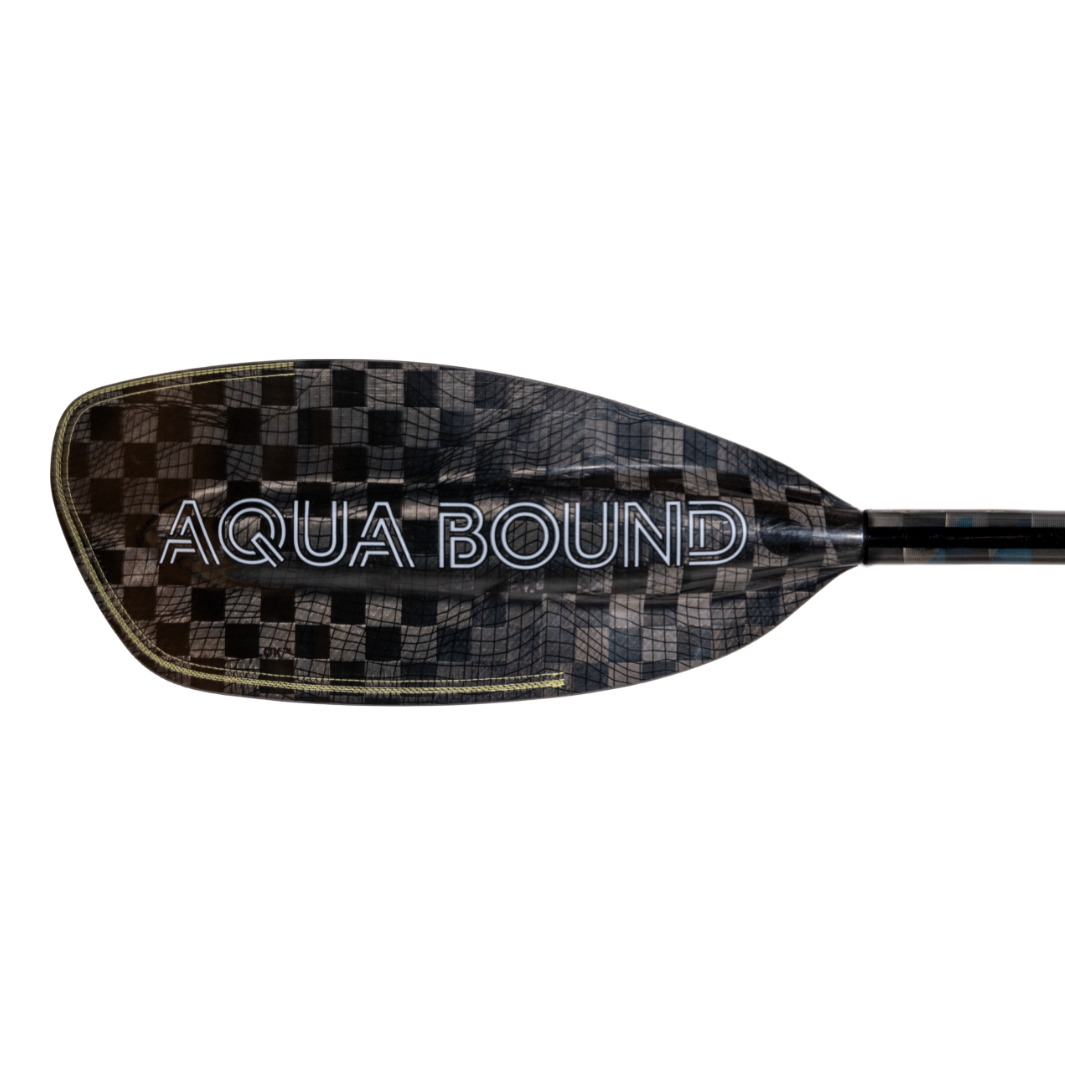 New whitewater kayak paddle, White Aqua Bound graphic on backside of right carbon fiber blade, topographic image, with patent pending lam-lok technology 