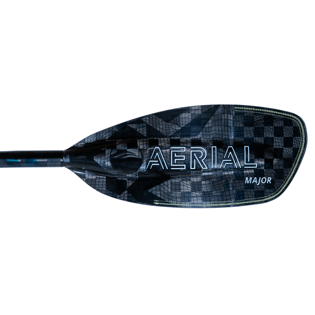New Aqua bound whitewater kayak paddle, White Aerial Major graphic on backside of left carbon fiber blade, topographic image, with patent pending lam-lok technology 