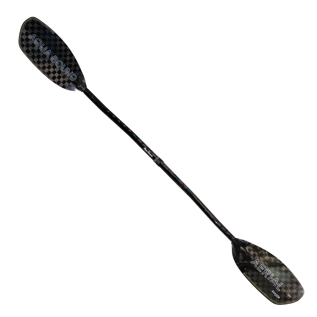 Full Front Profile Of The New Whitewater Aqua Bound Aerial Major Carbon Fiber kayak paddle  With patent pending Lam-Lok Technology In A 2-Piece Crank Shaft  With reinforced Versa-Lok™ at center connection allows 5 cm of adjustable length and infinite offset feathering angles.
