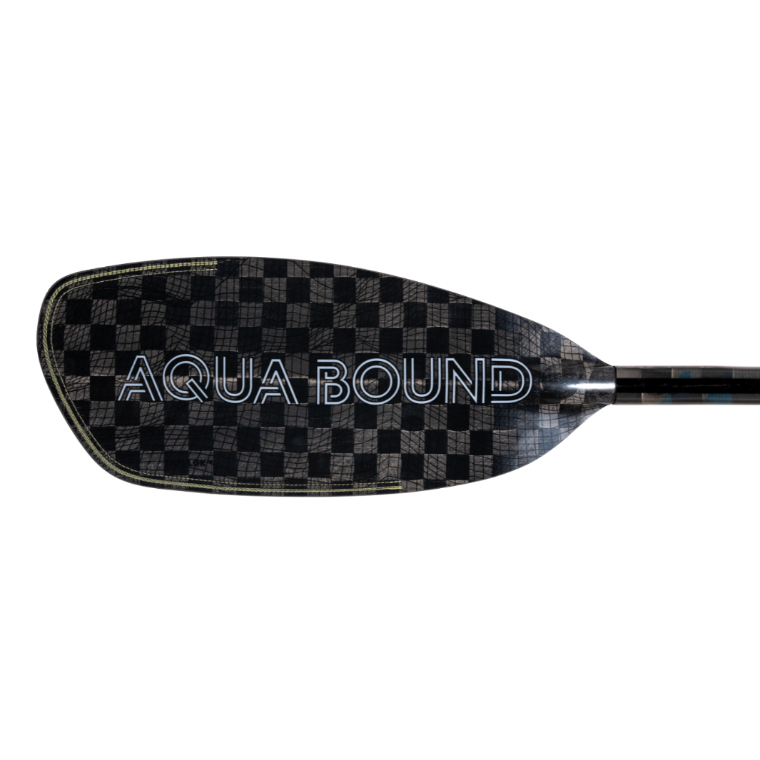 White Aqua Bound Graphic On Left Front Blade Of Aerial Major Carbon Fiber whitewater kayak paddle, topographic image, With patent pending Lam-Lok Technology 