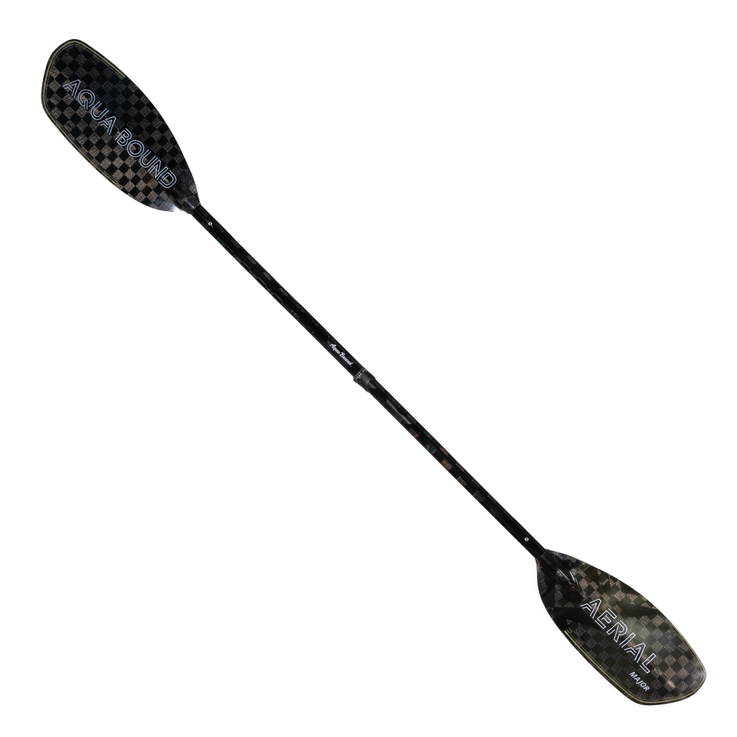 Full Front Profile Of The New Whitewater Aqua Bound Aerial Major Carbon Fiber kayak paddle  With patent pending Lam-Lok Technology In A 4-Piece straight Shaft, Four-piece breakdown with Versa-Lok™ ferrule at center connection and stainless steel snap-buttons at blades.
