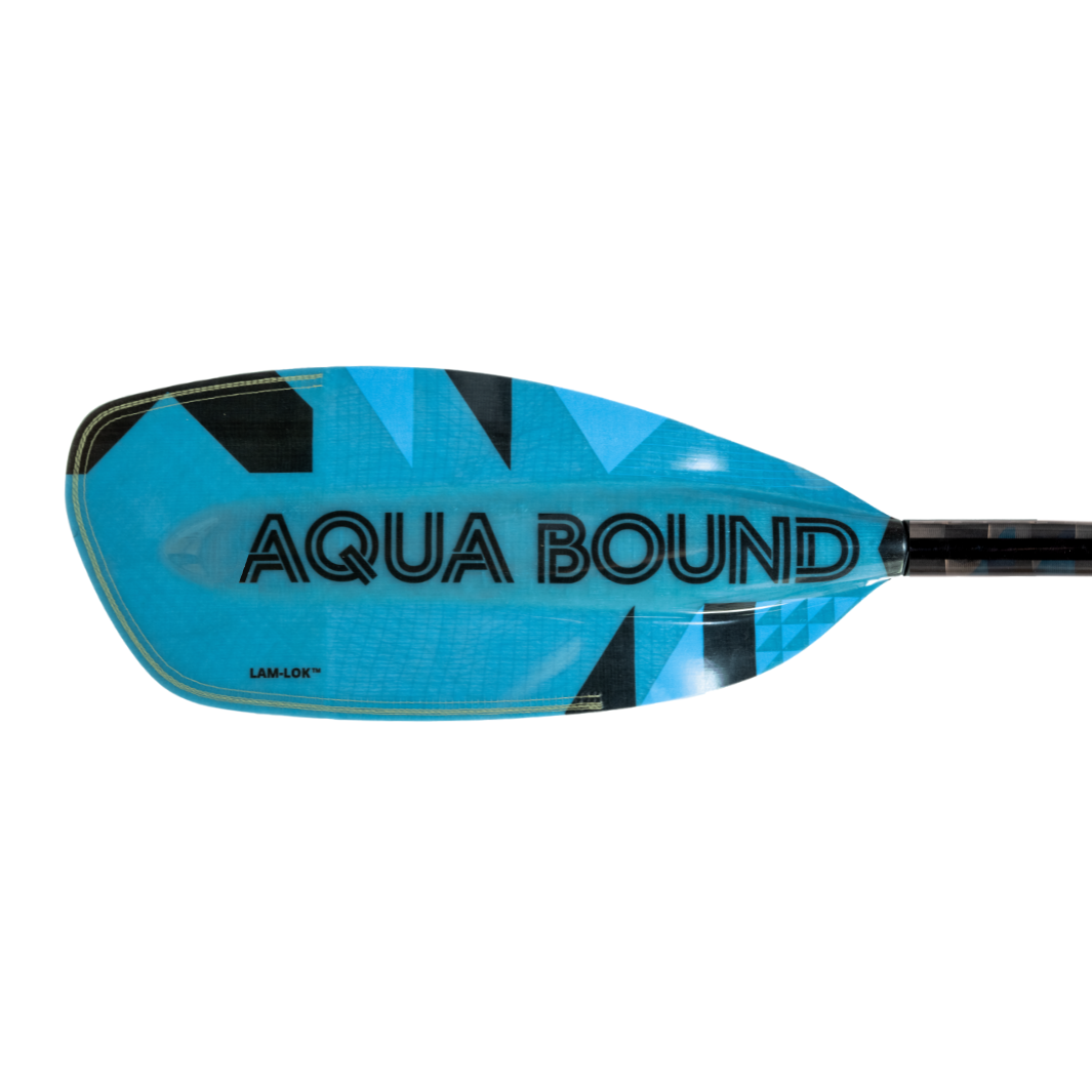 New Aqua bound whitewater kayak paddle, Black Aqua Bound graphic on backside of right fiberglass blade, light Blue, bauhaus graphic, with patent pending lam-lok technology
