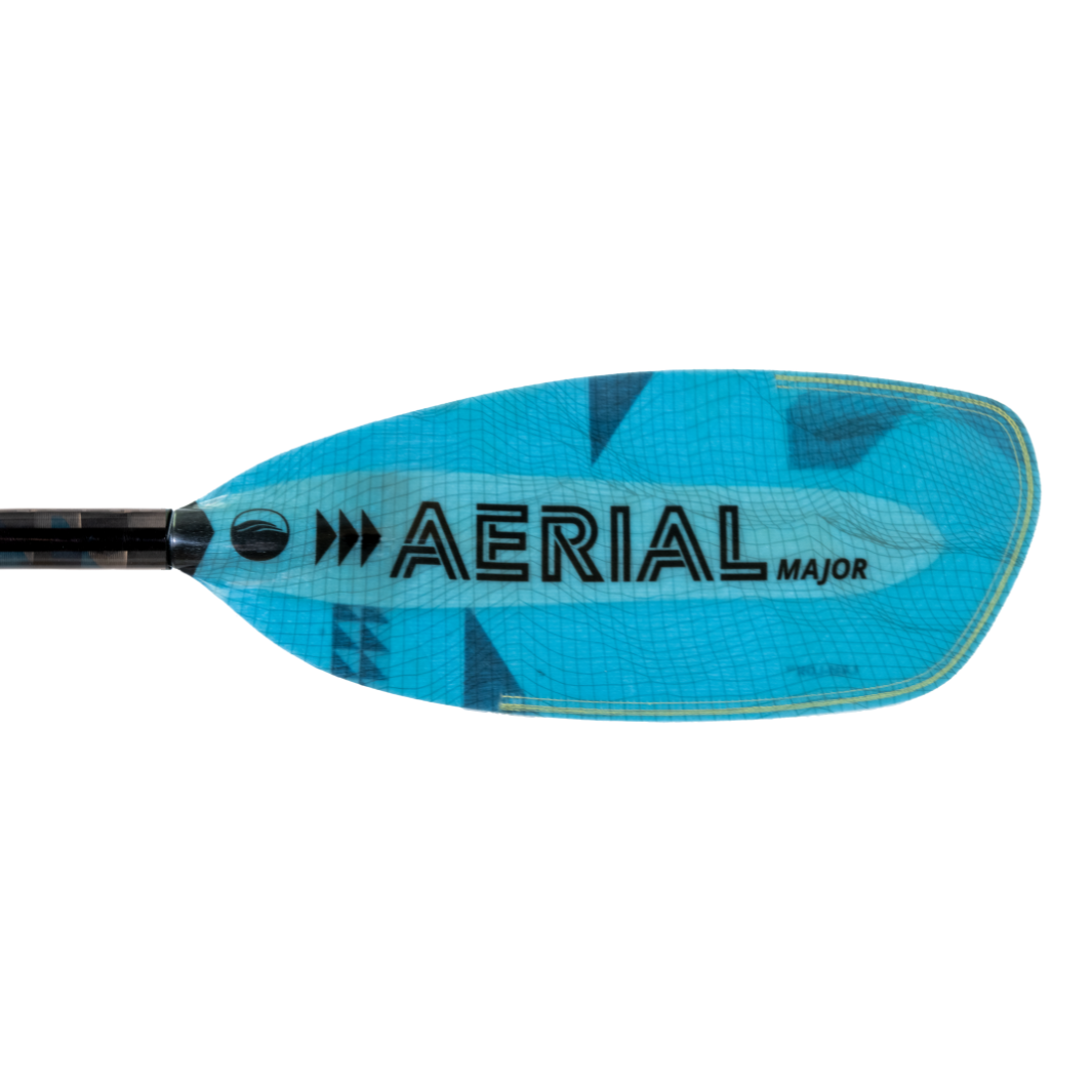 Black Aerial Major Graphic on right front blade of aqua bound aerial major fiberglass  kayak paddle with light Blue, bauhaus graphic, with patent pending Lam-Lok technology