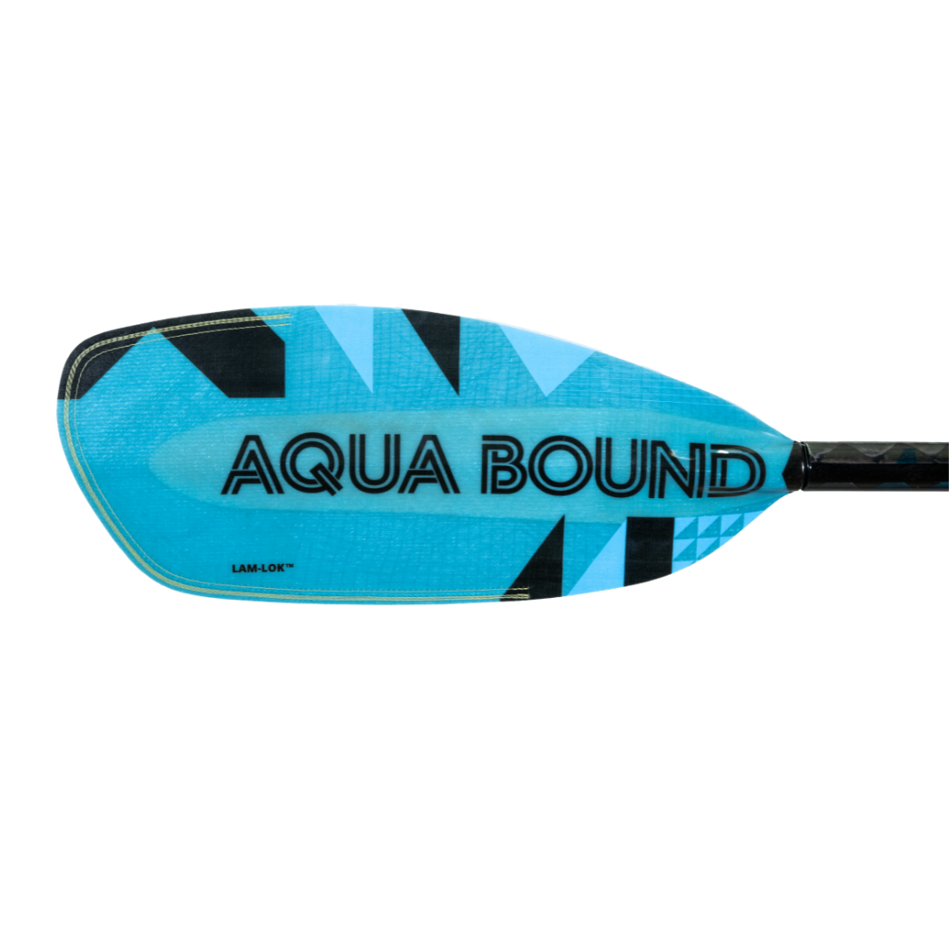 Black Aqua Bound Graphic On Left Front Blade Of Aerial Major Blue Fiberglass whitewater kayak paddle with light Blue, bauhaus graphic, With patent pending Lam-Lok Technology