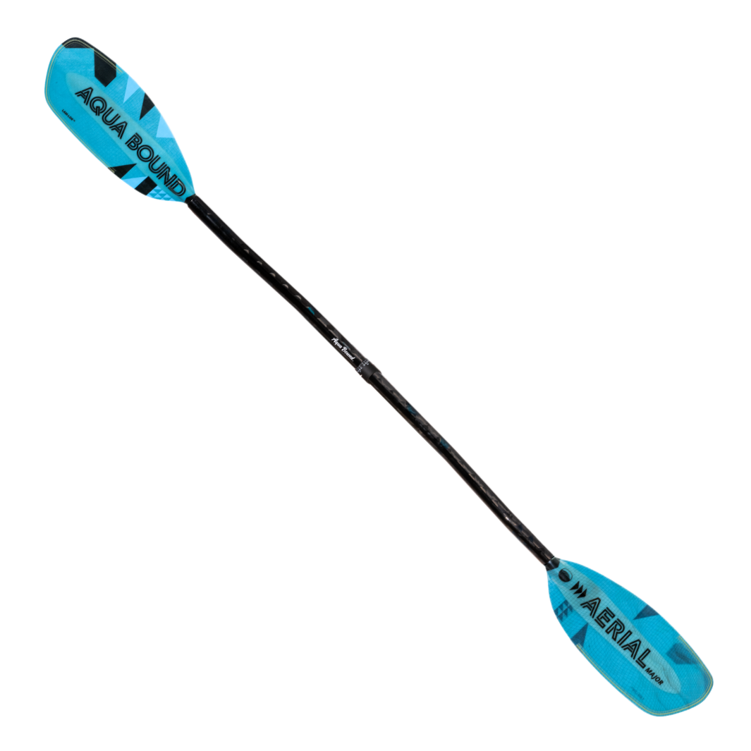 Full Front Profile Of The New Whitewater Aqua Bound Aerial Major Fiberglass kayak paddle with light Blue, bauhaus graphic, With patent pending Lam-Lok Technology In A 2-Piece Crank Shaft  With reinforced Versa-Lok™ at center connection allows 5 cm of adjustable length and infinite offset feathering angles.