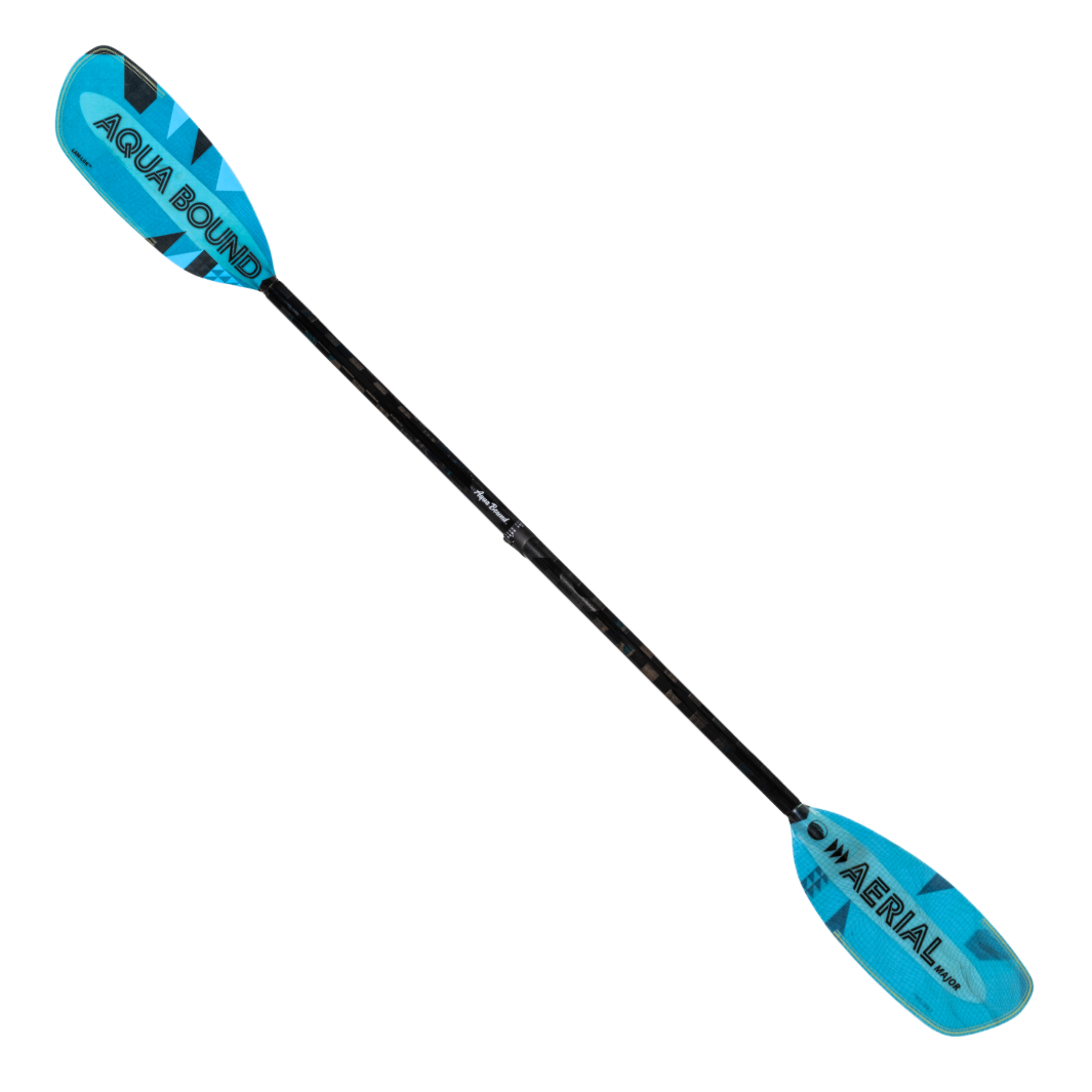 Full Front Profile Of The New Whitewater Aqua Bound Aerial Major Fiberglass kayak paddle with light Blue, bauhaus graphic, With patent pending Lam-Lok Technology In A 2-Piece straight Shaft With reinforced Versa-Lok™ at center connection allows 5 cm of adjustable length and infinite offset feathering angles.
