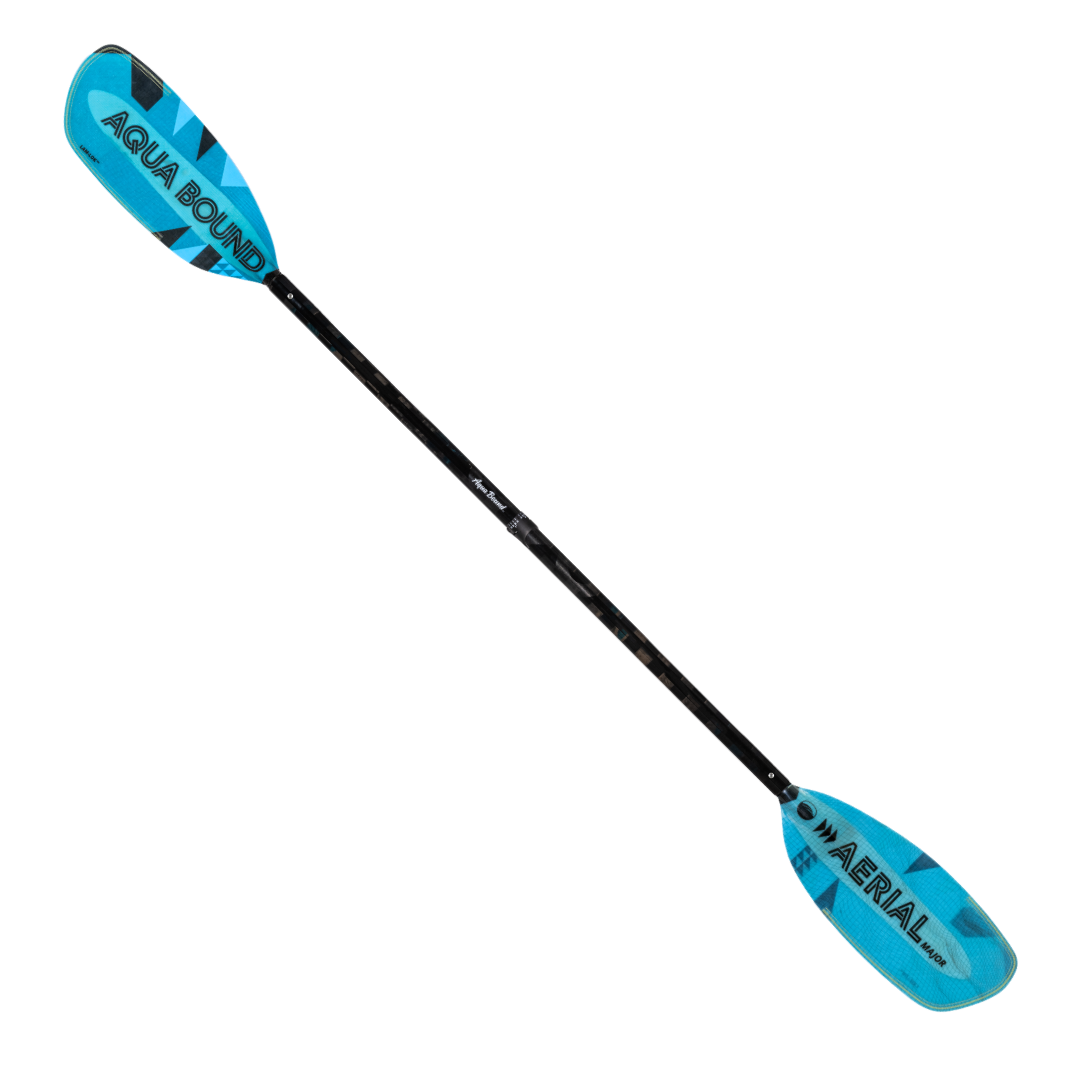 Full Front Profile Of The New Whitewater Aqua Bound Aerial Major Fiberglass kayak paddle with light Blue, bauhaus graphic, With patent pending Lam-Lok Technology In A 4-Piece straight Shaft, Four-piece breakdown with Versa-Lok™ ferrule at center connection and stainless steel snap-buttons at blades