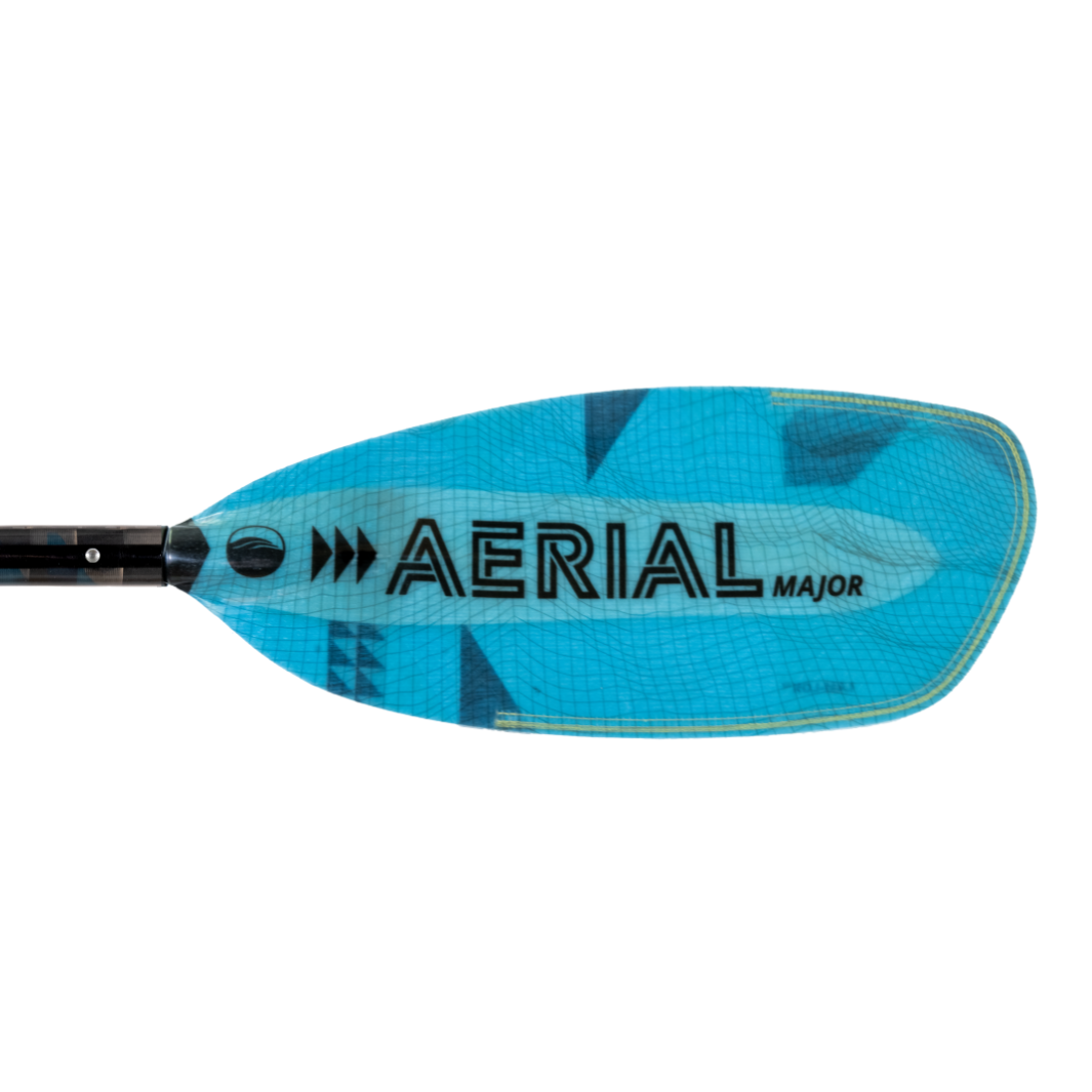 Black Aerial Major Graphic on right front blade of aqua bound aerial major fiberglass  kayak paddle with light Blue, bauhaus blade color, with patent pending Lam-Lok technology. Four-piece breakdown stainless steel snap-buttons at blades