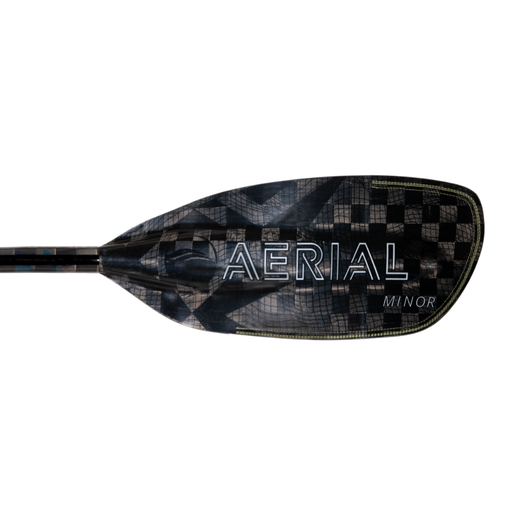 New Aqua bound whitewater kayak paddle, White Aerial Minor graphic on backside of left carbon fiber blade, topographic image, with patent pending lam-lok technology 