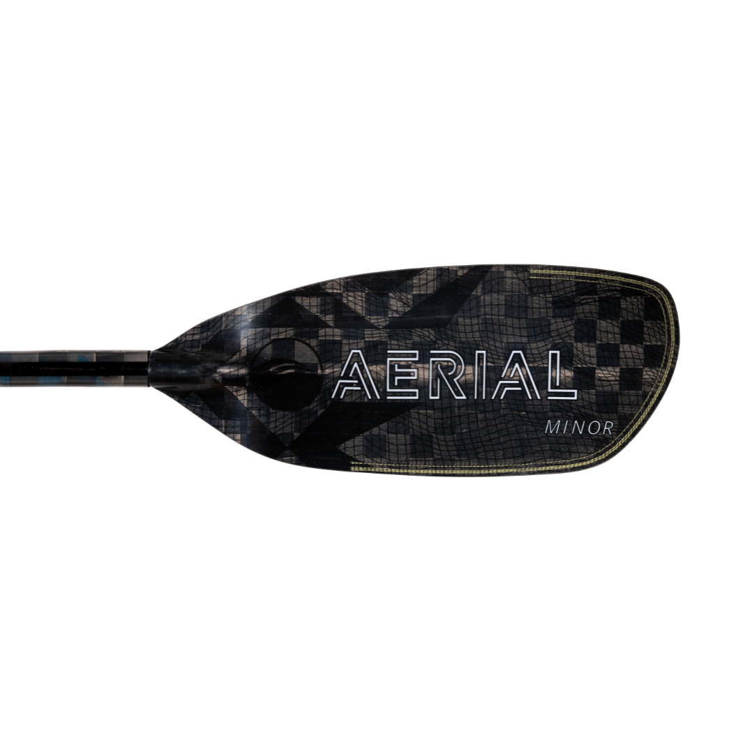 White Aerial Minor graphic on right front blade of aerial minor carbon fiber aqua bound whitewater kayak paddle, topographic image, with patent pending Lam-Lok technology  