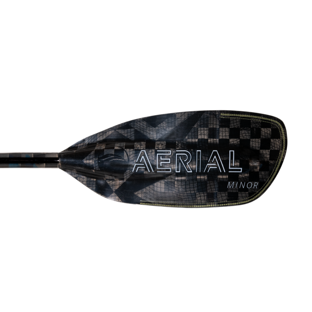 New Aqua bound whitewater kayak paddle, White Aerial Minor graphic on backside of left carbon fiber blade, topographic image, with patent pending lam-lok technology 