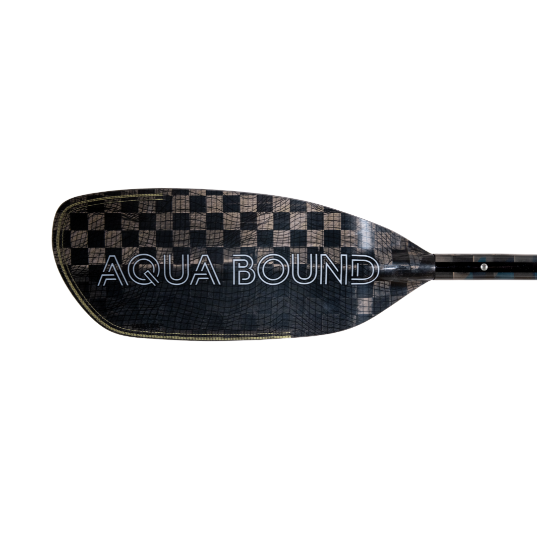 White Aqua Bound Graphic On Left Front Blade Of Aerial Minor Carbon Fiber whitewater kayak paddle, topographic image, With patent pending Lam-Lok Technology Four-piece breakdown stainless steel snap-buttons at blades