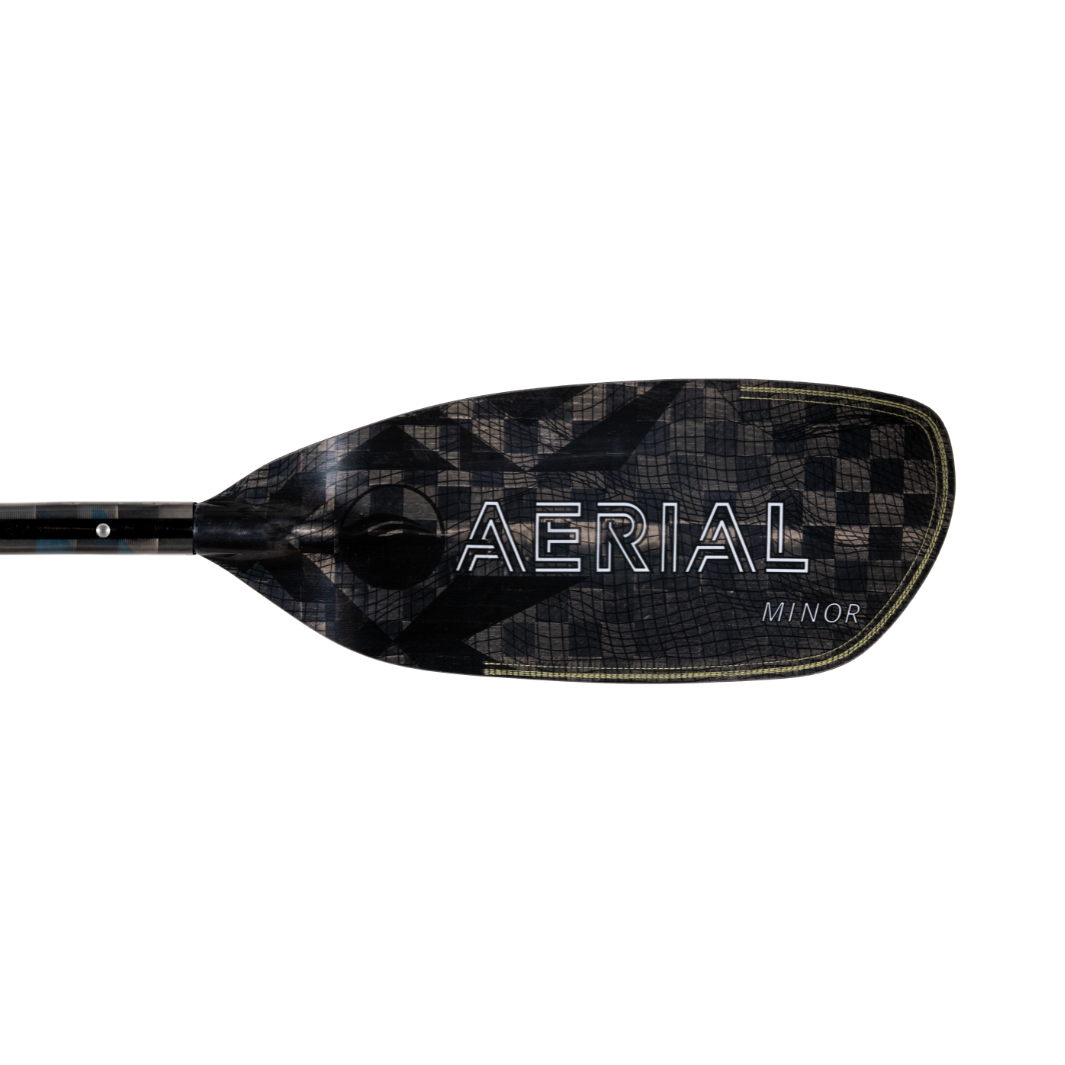 White Aerial Minor graphic on right front blade of aerial minor carbon fiber aqua bound whitewater kayak paddle, topographic image, with patent pending Lam-Lok technology  Four-piece breakdown stainless steel snap-buttons at blades