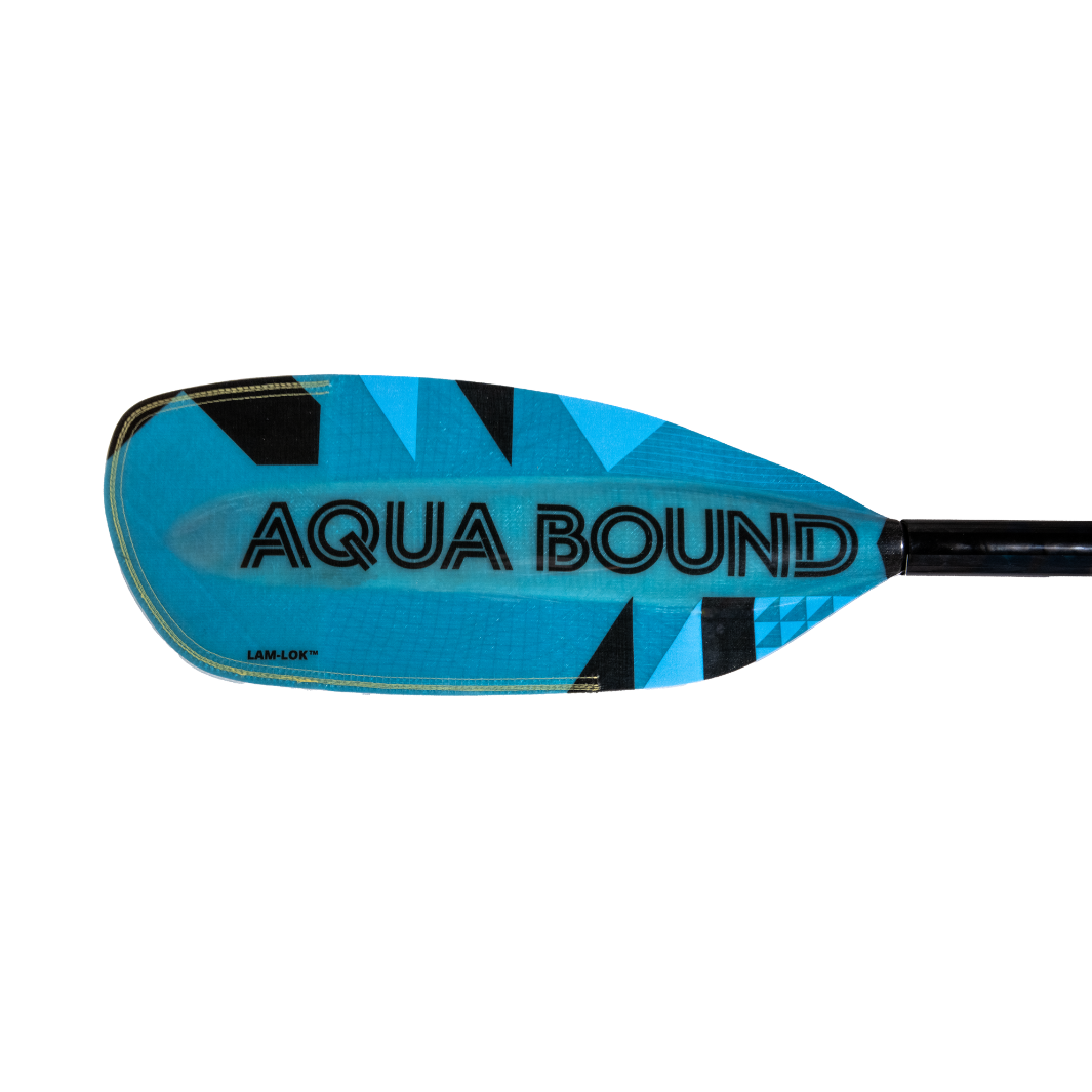 New Aqua bound whitewater kayak paddle, Black Aqua Bound graphic on backside of right fiberglass blade, light Blue, bauhaus blade, with patent pending lam-lok technology 