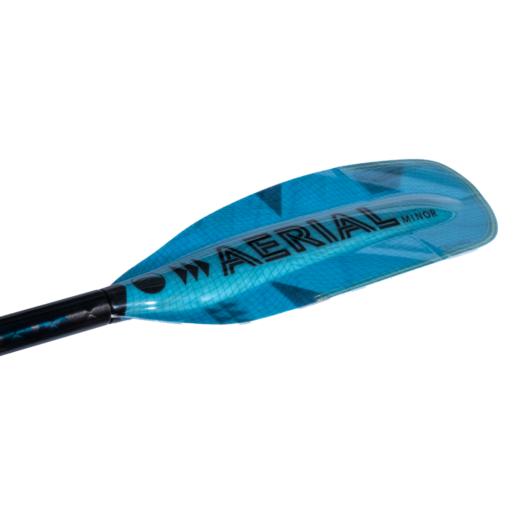 New whitewater kayak paddle, Black Aerial Minor Graphic on Backside of Left light Blue, bauhaus blade, Fiberglass Blade With Lam-Lok Technology and Wide, flattened foam core spine