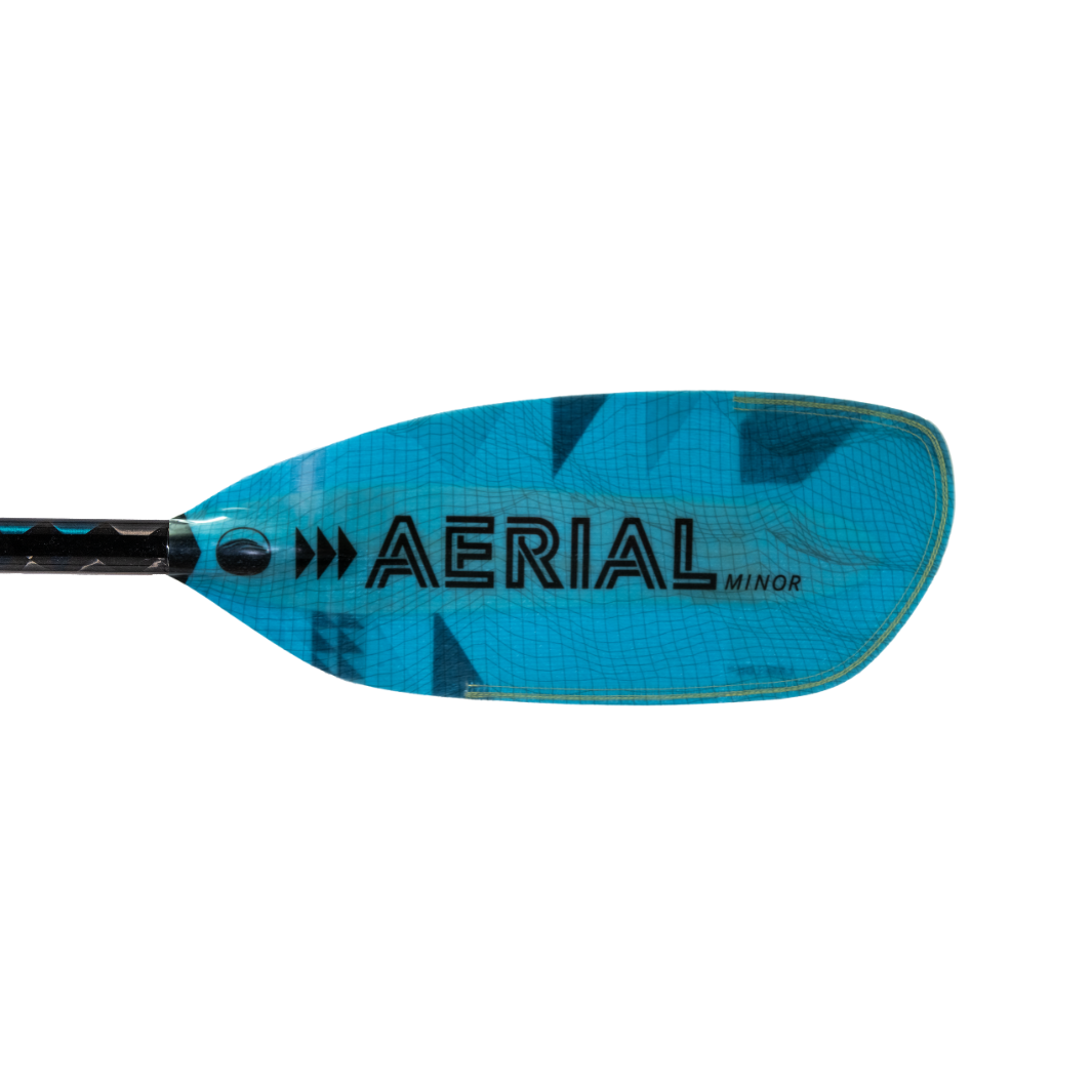 Black Aerial Minor Graphic on right front blade of aqua bound aerial minor fiberglass  kayak paddle with light Blue, bauhaus graphic, with patent pending Lam-Lok technology
